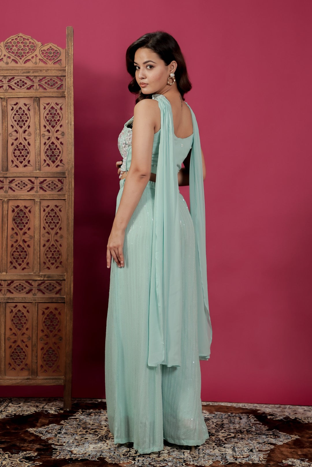 Sea Green Georgette Palazzo Set with Full Sequin Handwork Blouse & Dupatta