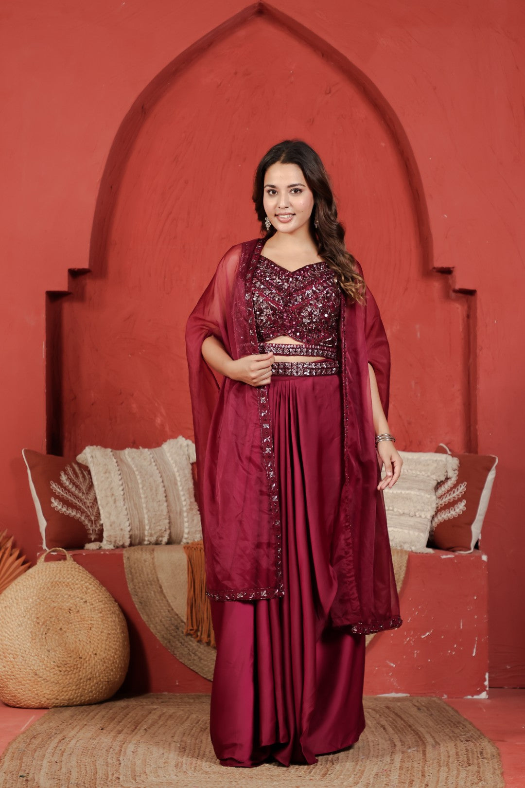 Maroon Satin Silk Dhoti Set with Handwork Blouse, Shrug & Belt