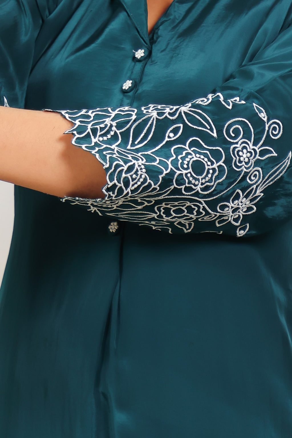 Bottle Green Crepe Silk with White Thread Work Co-ord Set