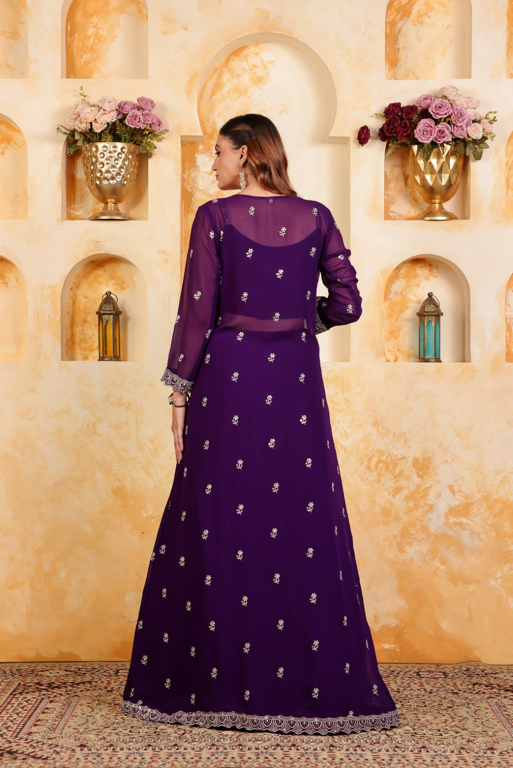 Purple Georgette Blouse with Thread & Stone Work, Lehenga & Long Jacket Shrug