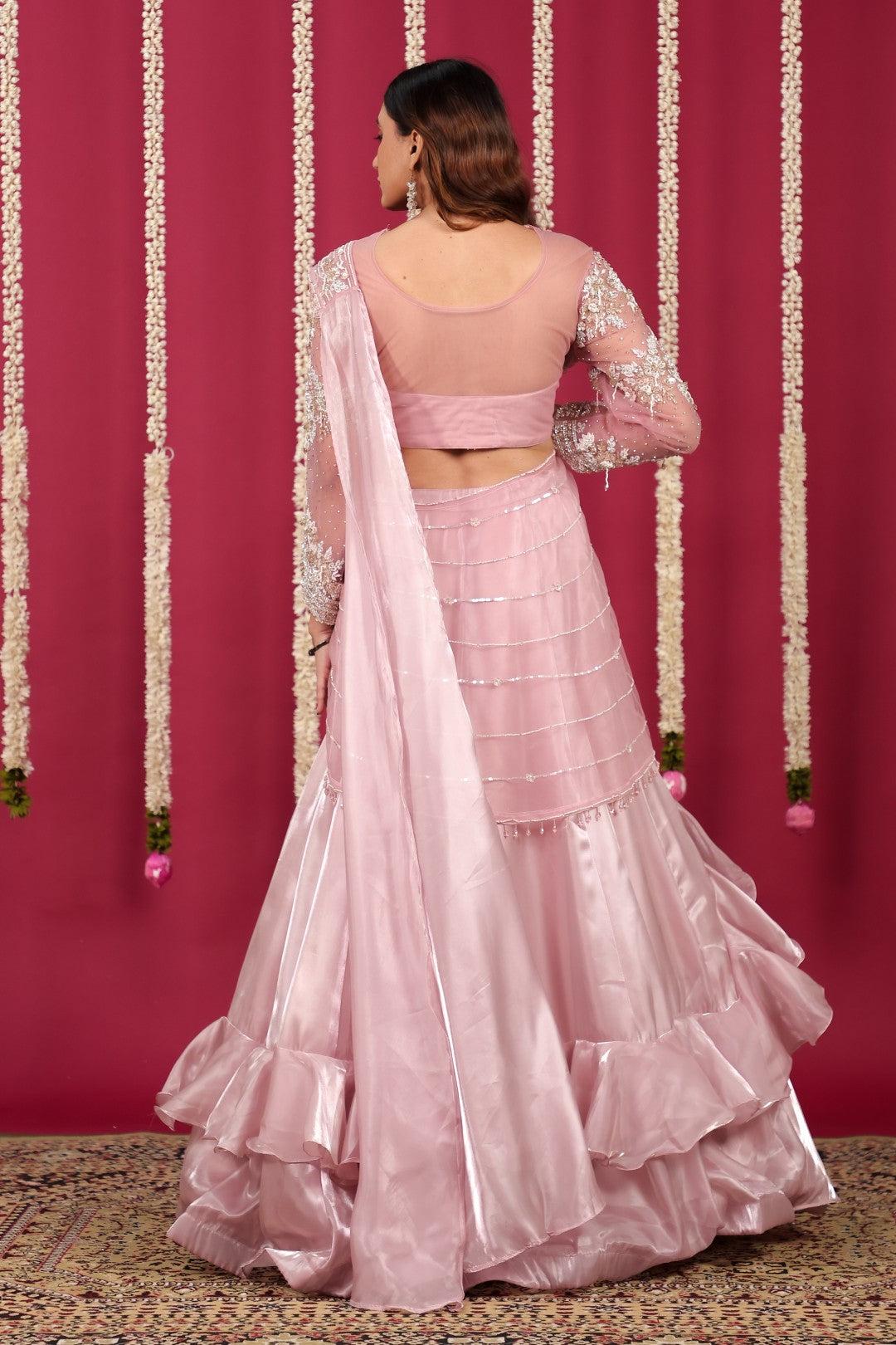 Baby Pink Burberry Net Lehenga with Heavy Handwork Blouse & Attached Dupatta