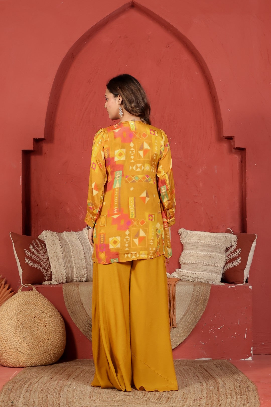Mustard Yellow Chinon Silk Jacket with Mirror Work Palazzo & Printed Shrug