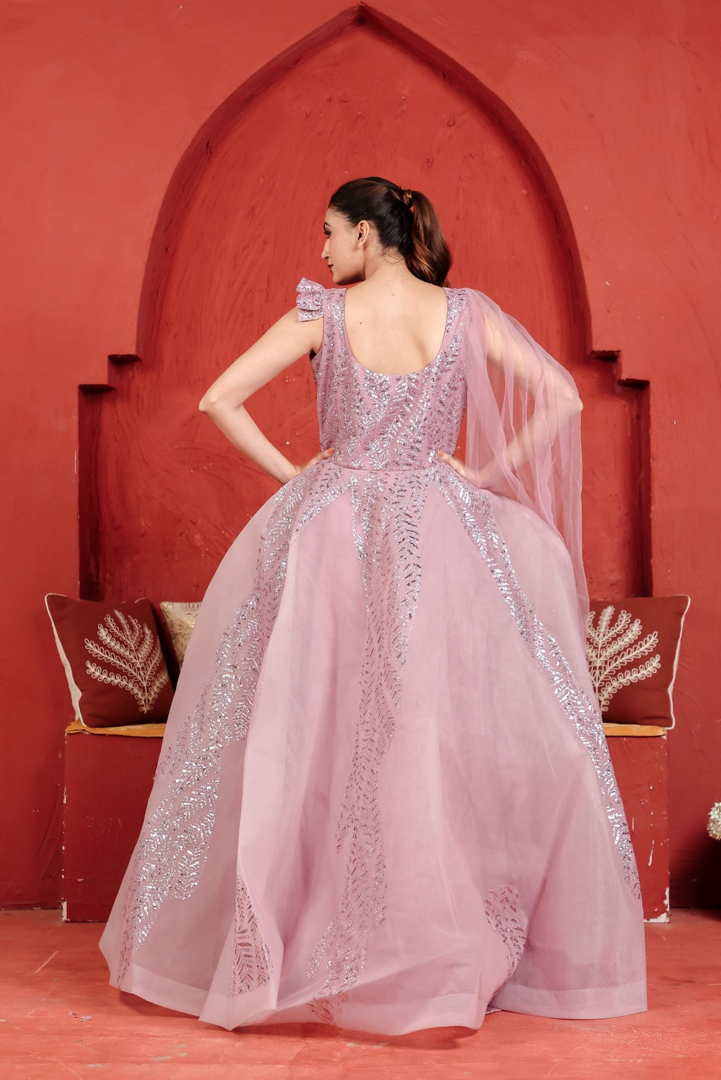 Baby Pink Net Gown with Sequin Work & Attached Dupatta