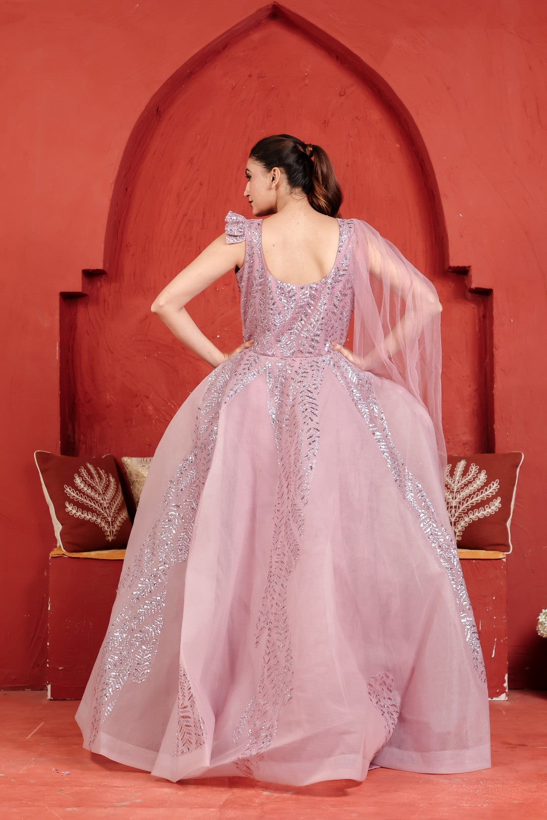 Baby Pink Net Gown with Sequin Work & Attached Dupatta