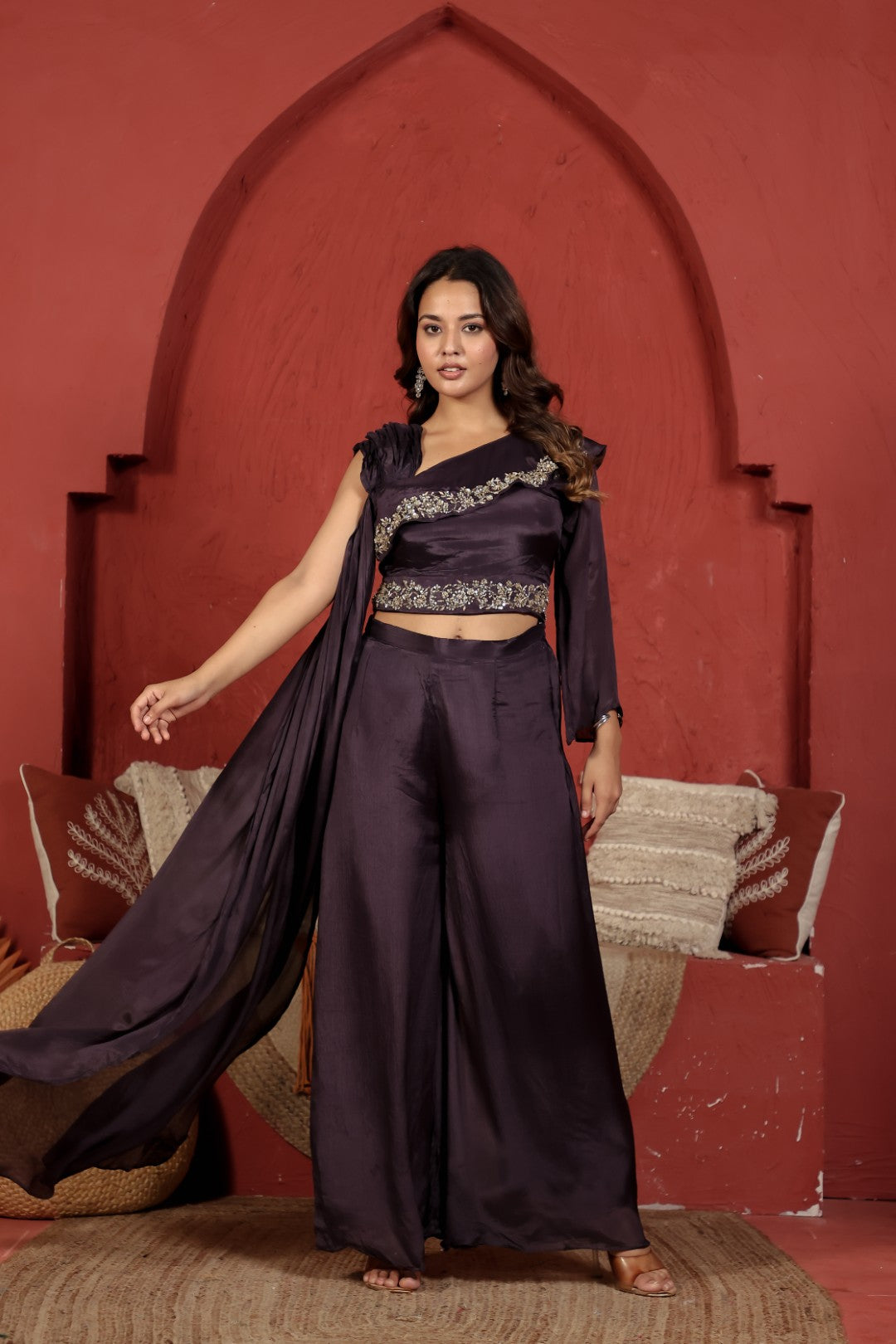 Dried Purple Chinon Silk Top with Sequin Handwork, Attached Dupatta & Palazzo