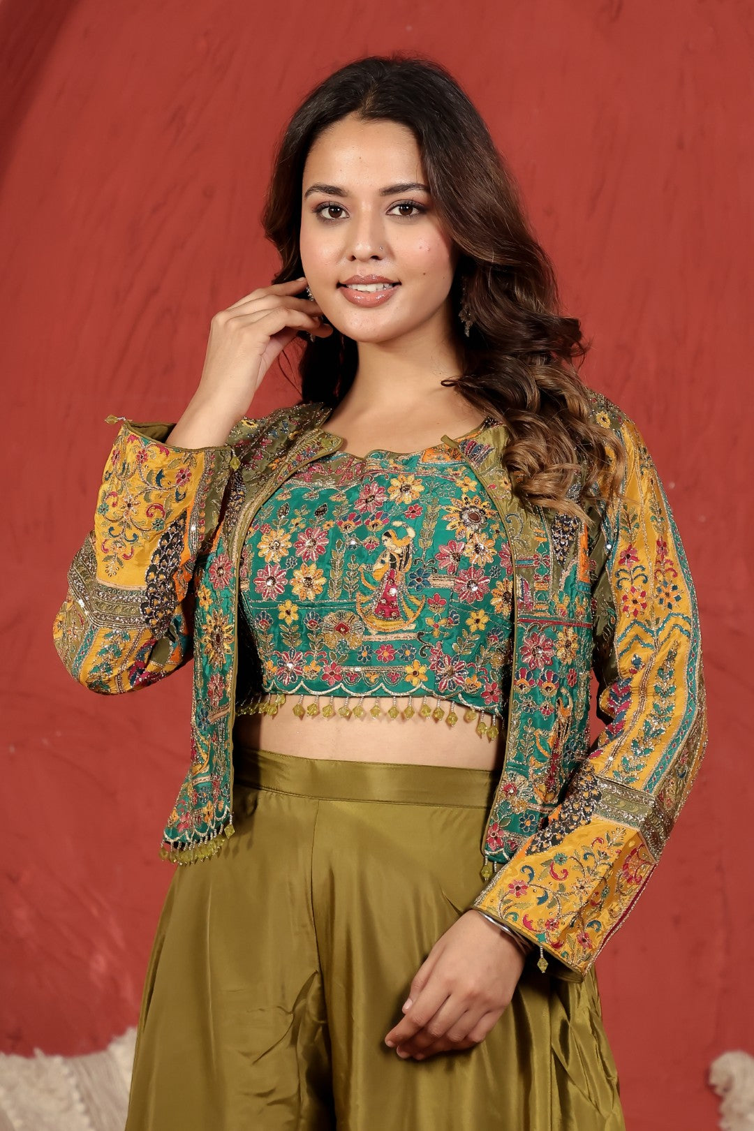 Mehendi Green Crepe Silk with Rajwadi Print & Zari Work Blouse and Jacket