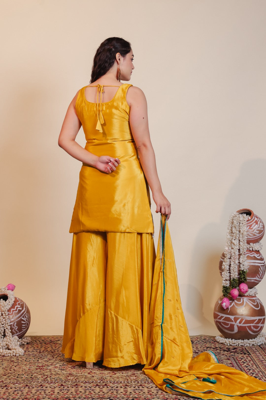 Mustard Yellow Chinon Suit with Peacock Zari Work, Sharara & Dupatta