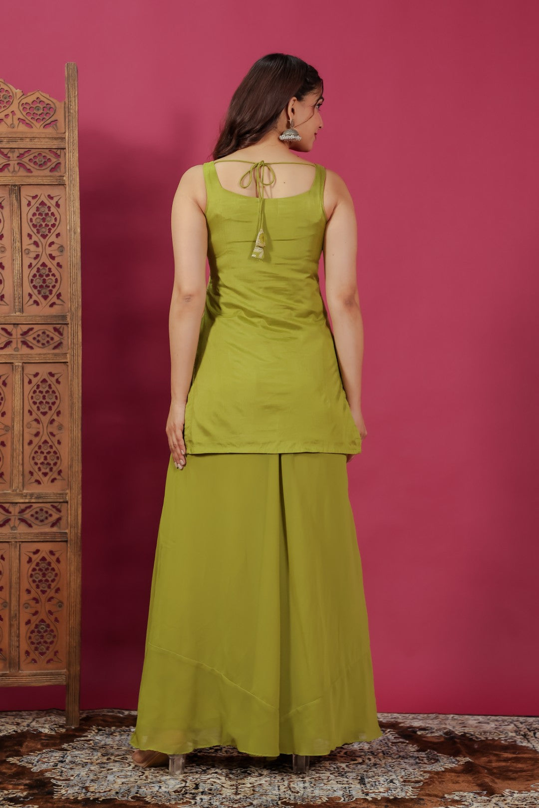 Lime Green Dola Silk Banarasi Suit with Zari & Sequin Work, Sharara & Dupatta