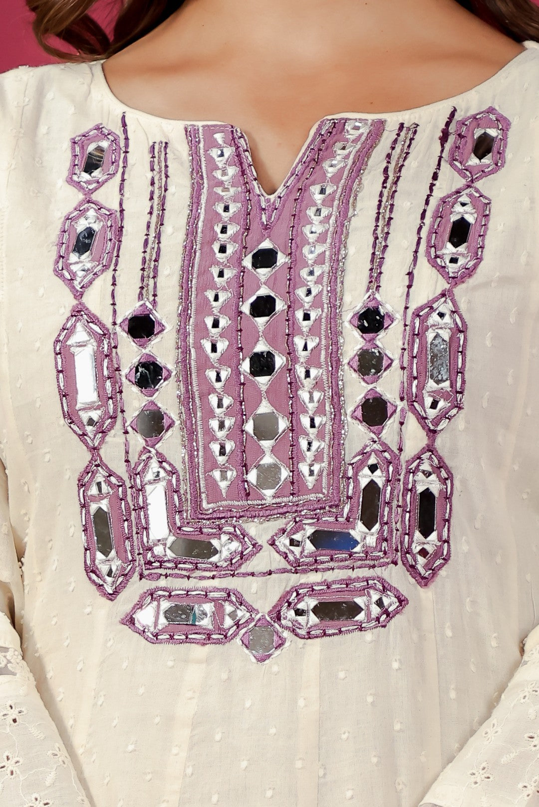 Off White Cotton Suit with Dollar Butti, Mirror & Handwork Neck, Block Print, Pant & Dupatta