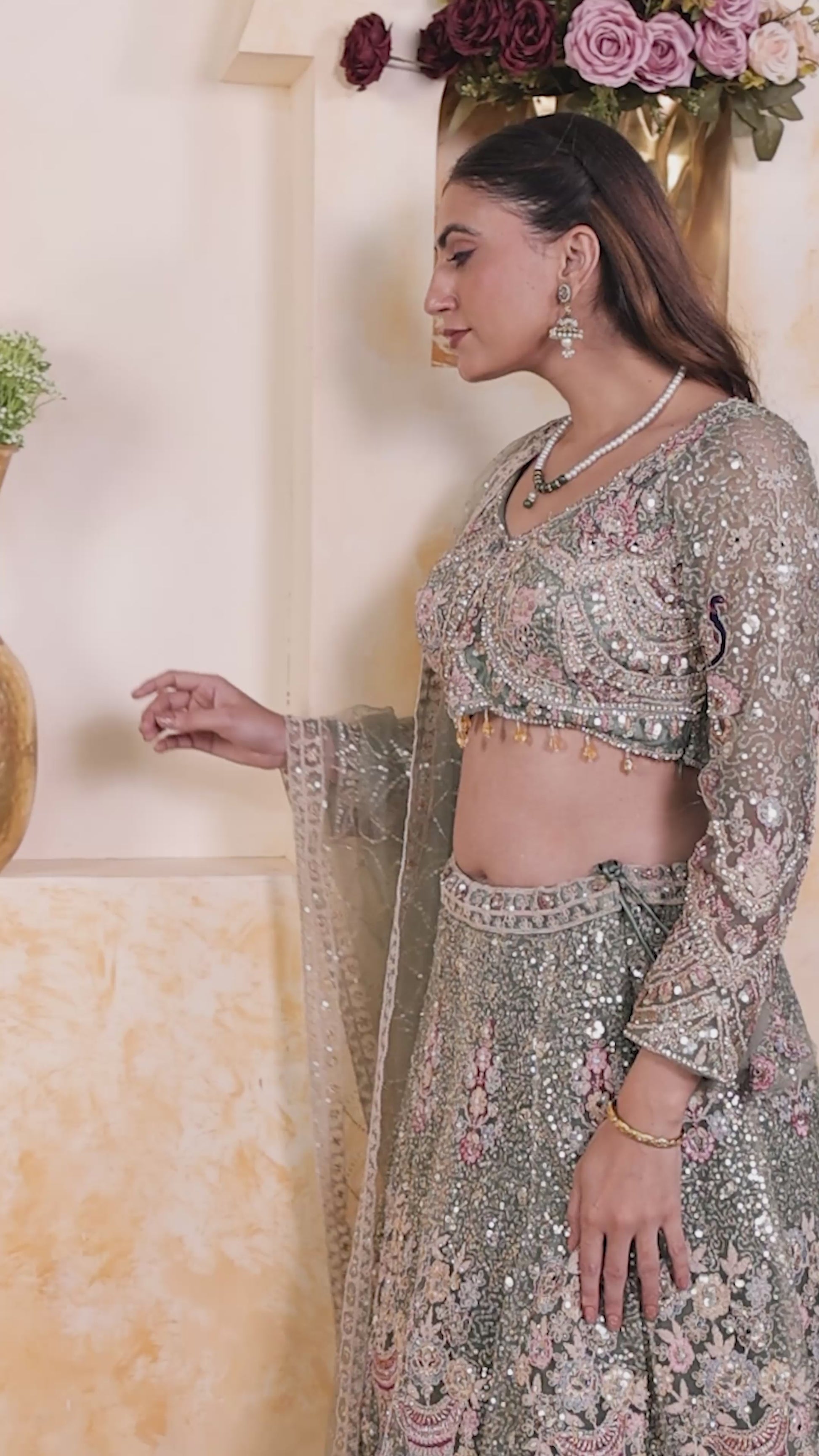 Pista Green Net Lehenga with Heavy Embroidery and Matching Blouse & Dupatta