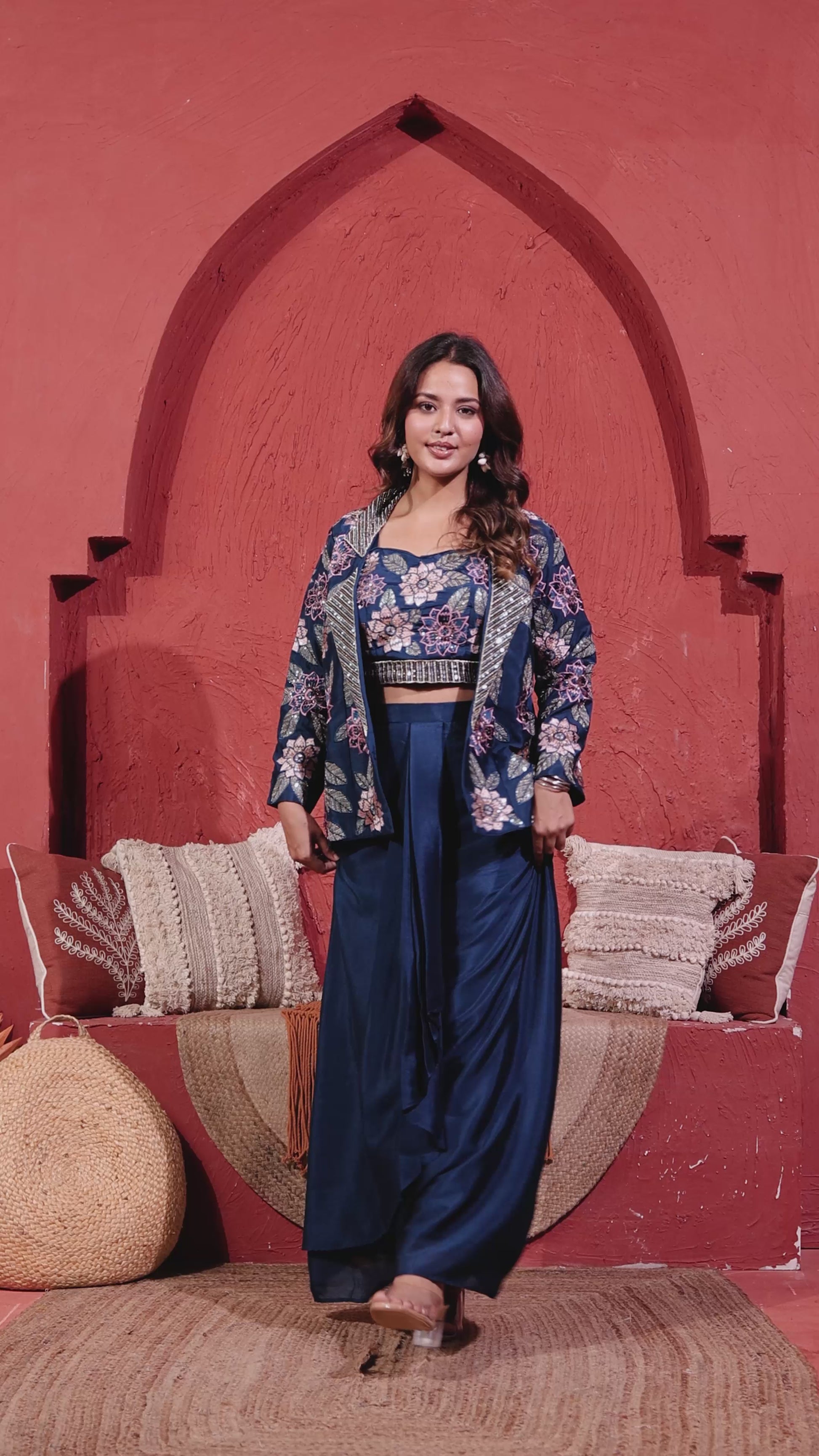 Dark Teal Blue Chinon Silk Blouse with Thread & Sequence Work, Jacket & Dhoti