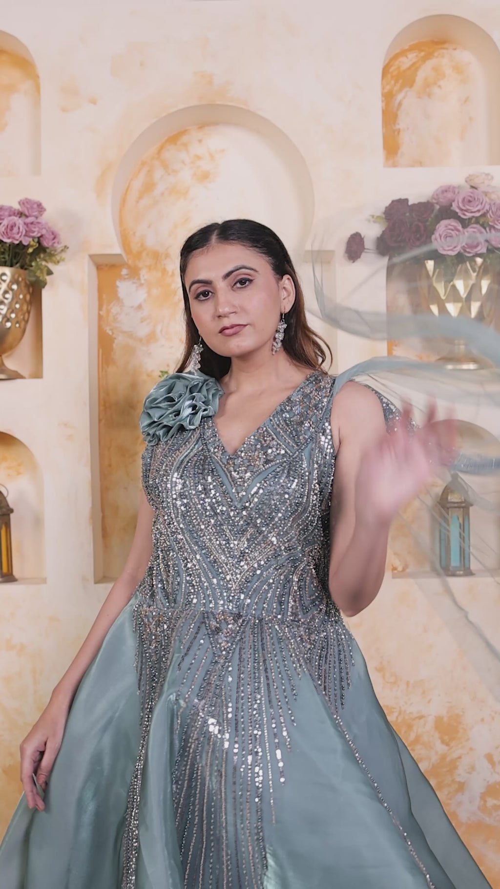 Teal Green Jimmy Choo Gown with Handwork & Attached Net Dupatta