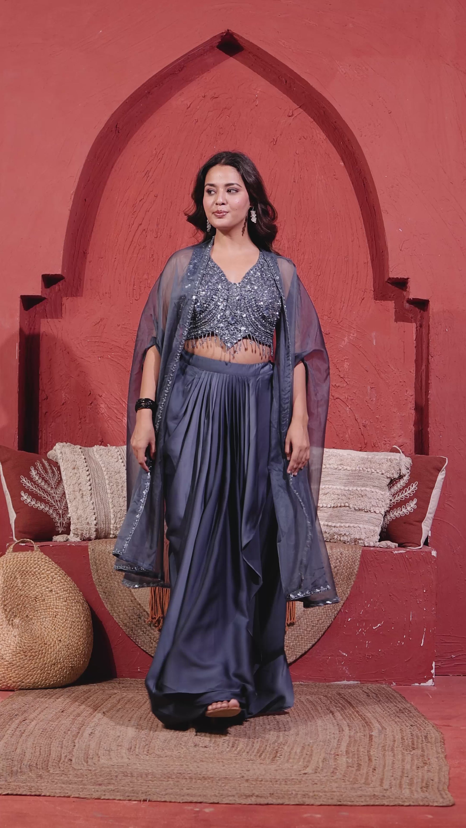 Dark Blue Grey Satin Dhoti Set with Handwork Blouse & Shrug