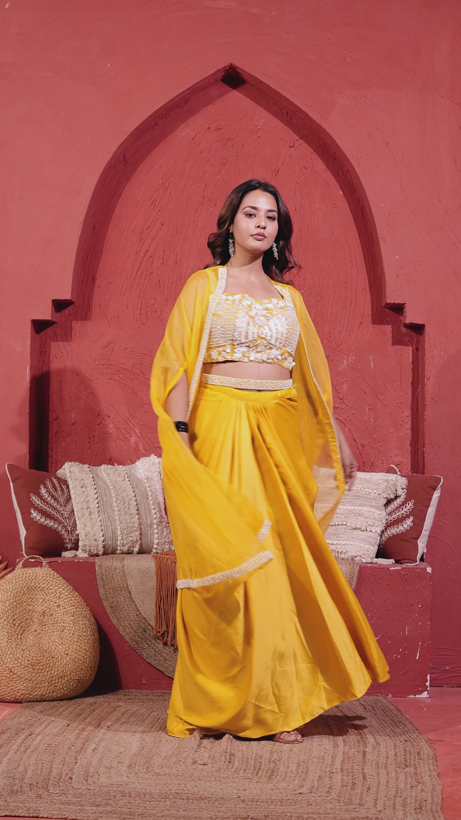 Yellow Satin Silk Dhoti Set with Pearl Handwork Blouse & Shrug
