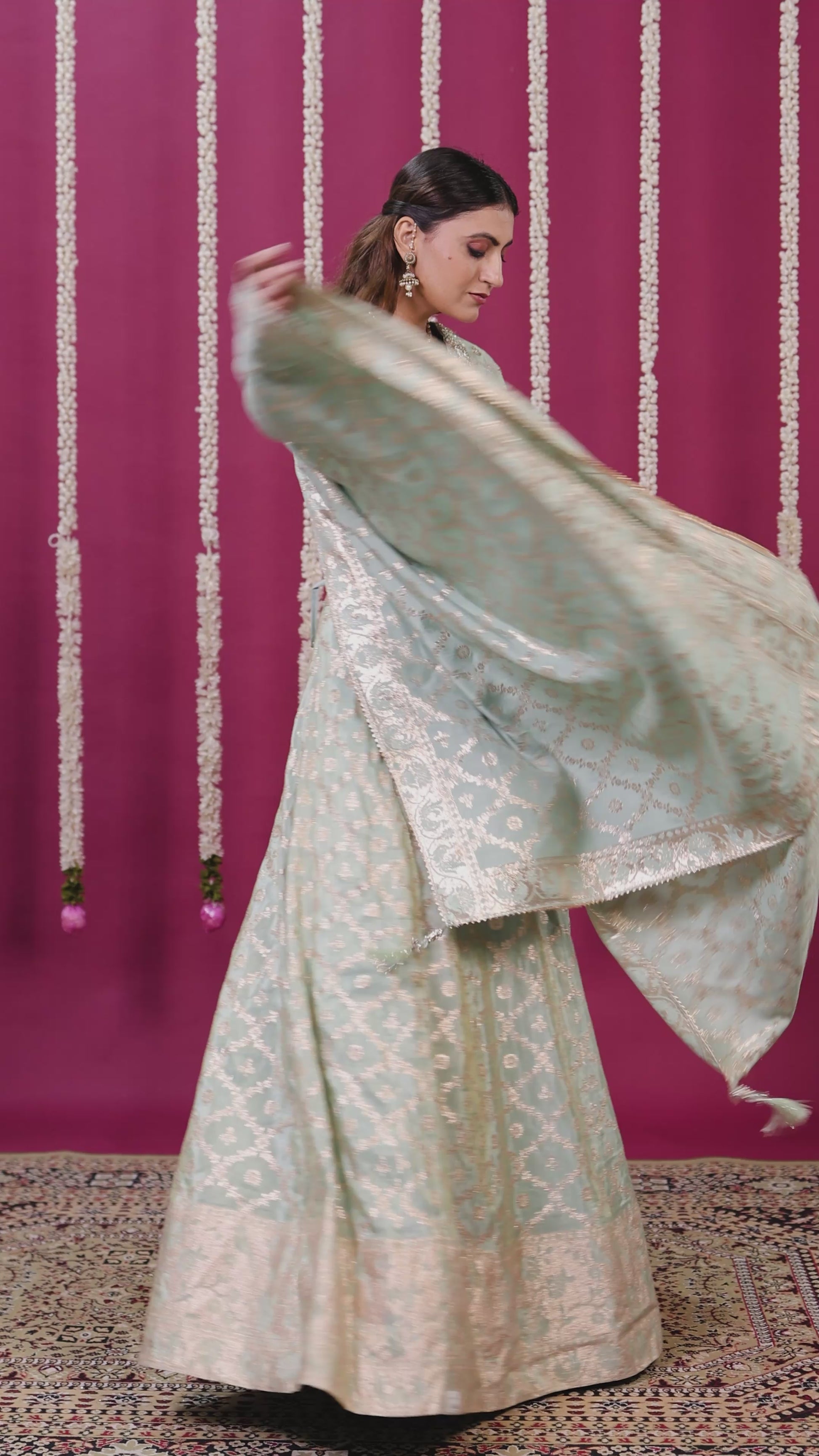 Pista Green Mosh Silk Banarsi Handwork Lehenga with Blouse & Dupatta