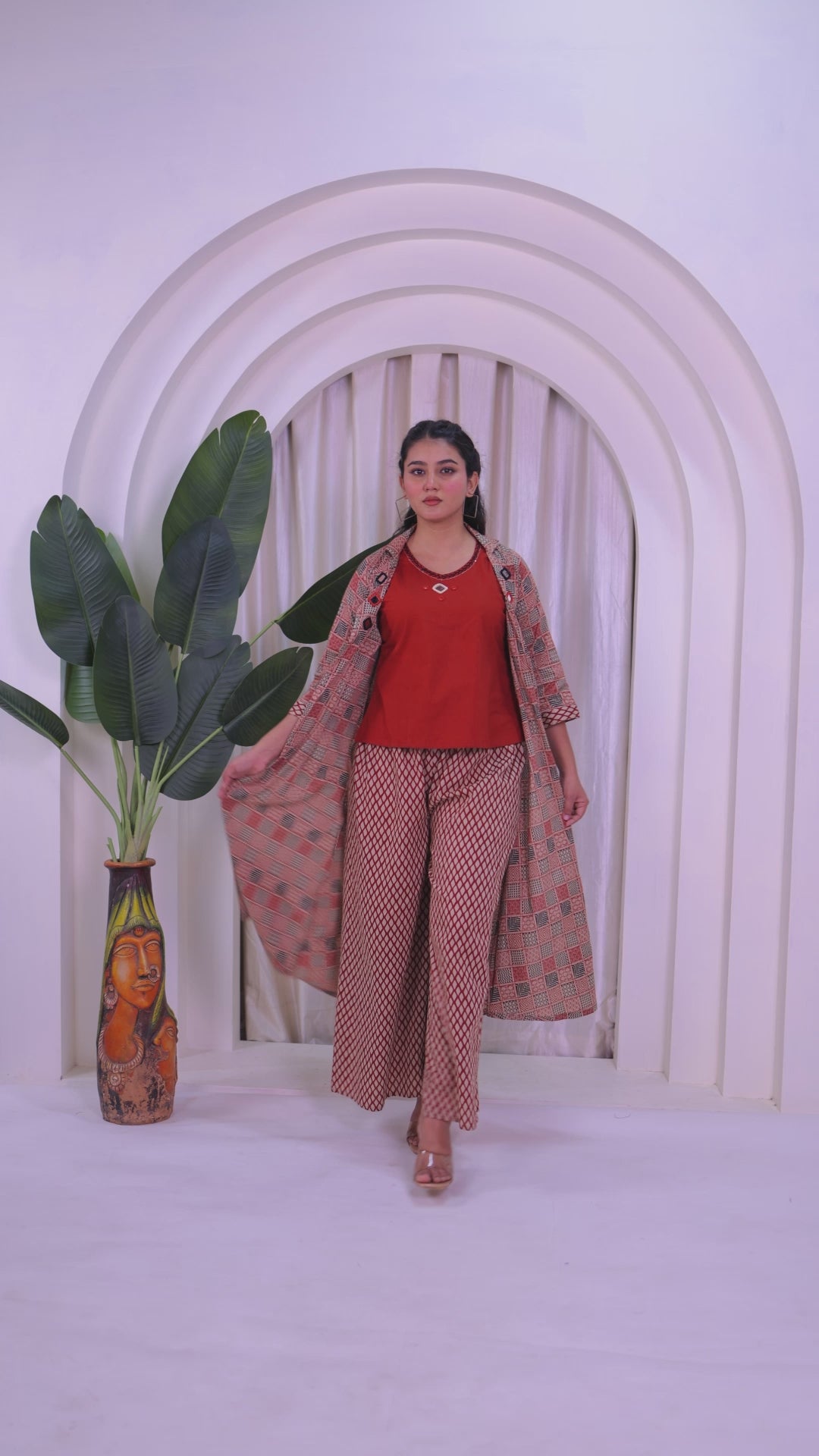 Rust Cambric Cotton Top with Mirror Work, and Block Print Pant & Jacket Shrug