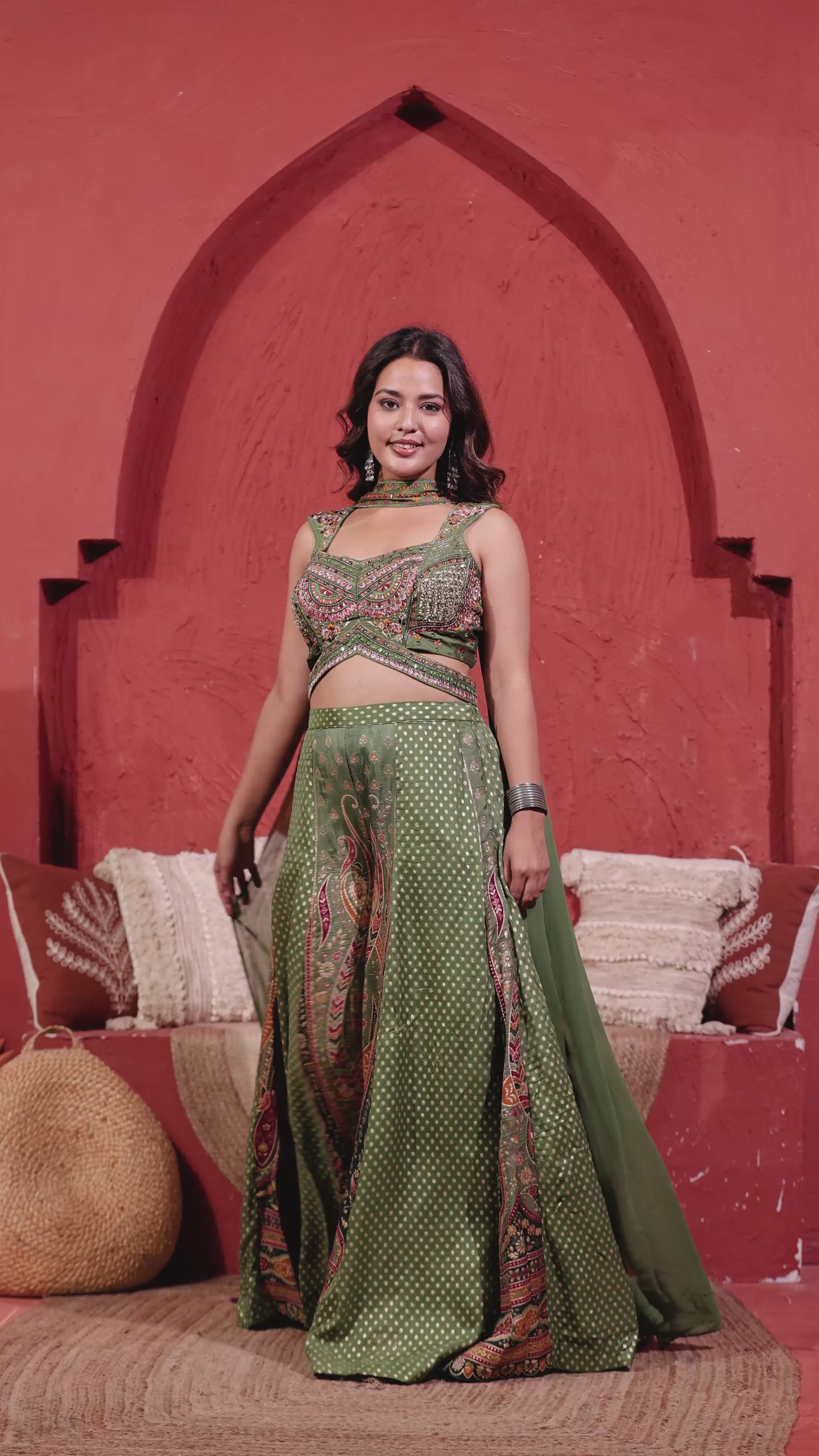 Green Silk Blouse with Zari & Mirror Work, Banarasi Printed Sharara & Dupatta
