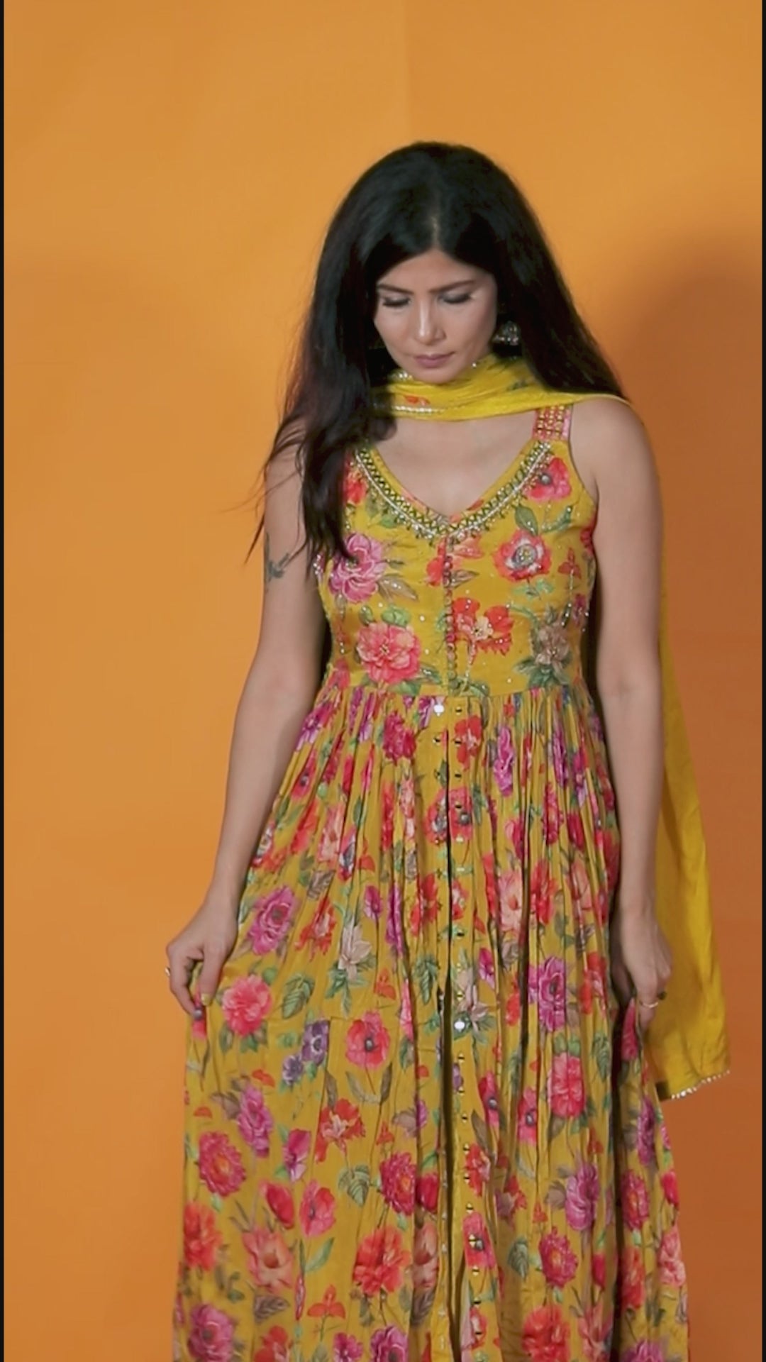 Mustard Yellow Chinon Silk Printed Top with Handwork, Skirt & Dupatta