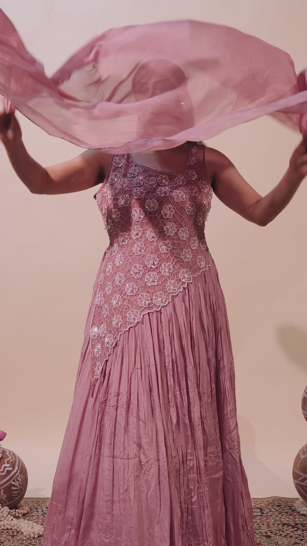 Baby Pink Chinon Silk with Patch Handwork Gown & Dupatta