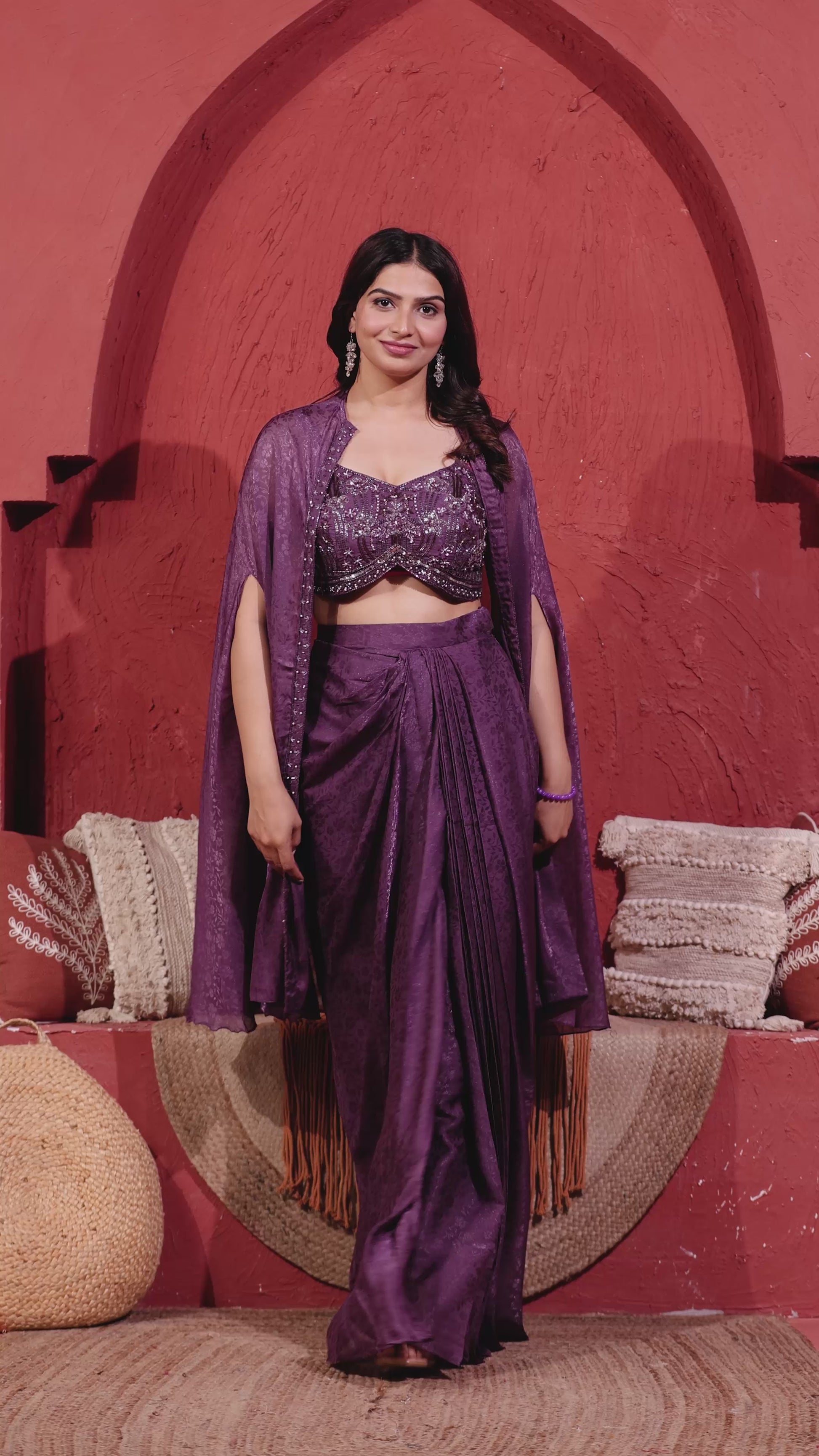 Purple Mosh Silk Jacquard Dhoti Set with Handwork Blouse & Shrug