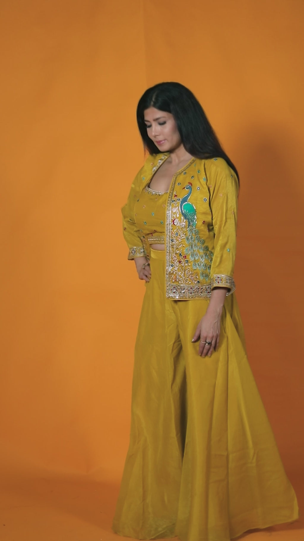Yellow Mosh Silk Blouse with Zari Butti, Embroidery Jacket & Sharara