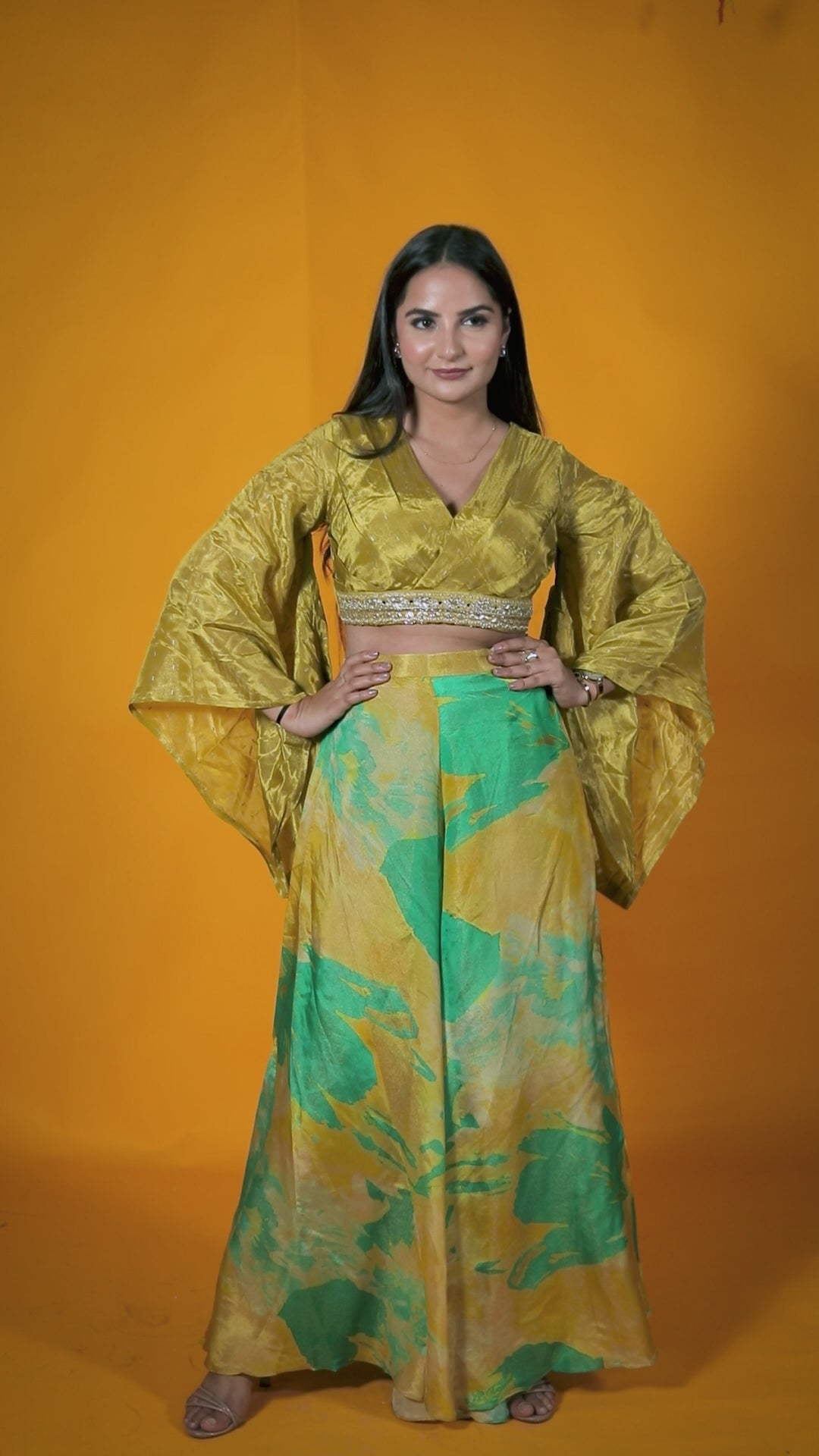 Gold Yellowish Silk Blouse with Handwork and Printed Sharara