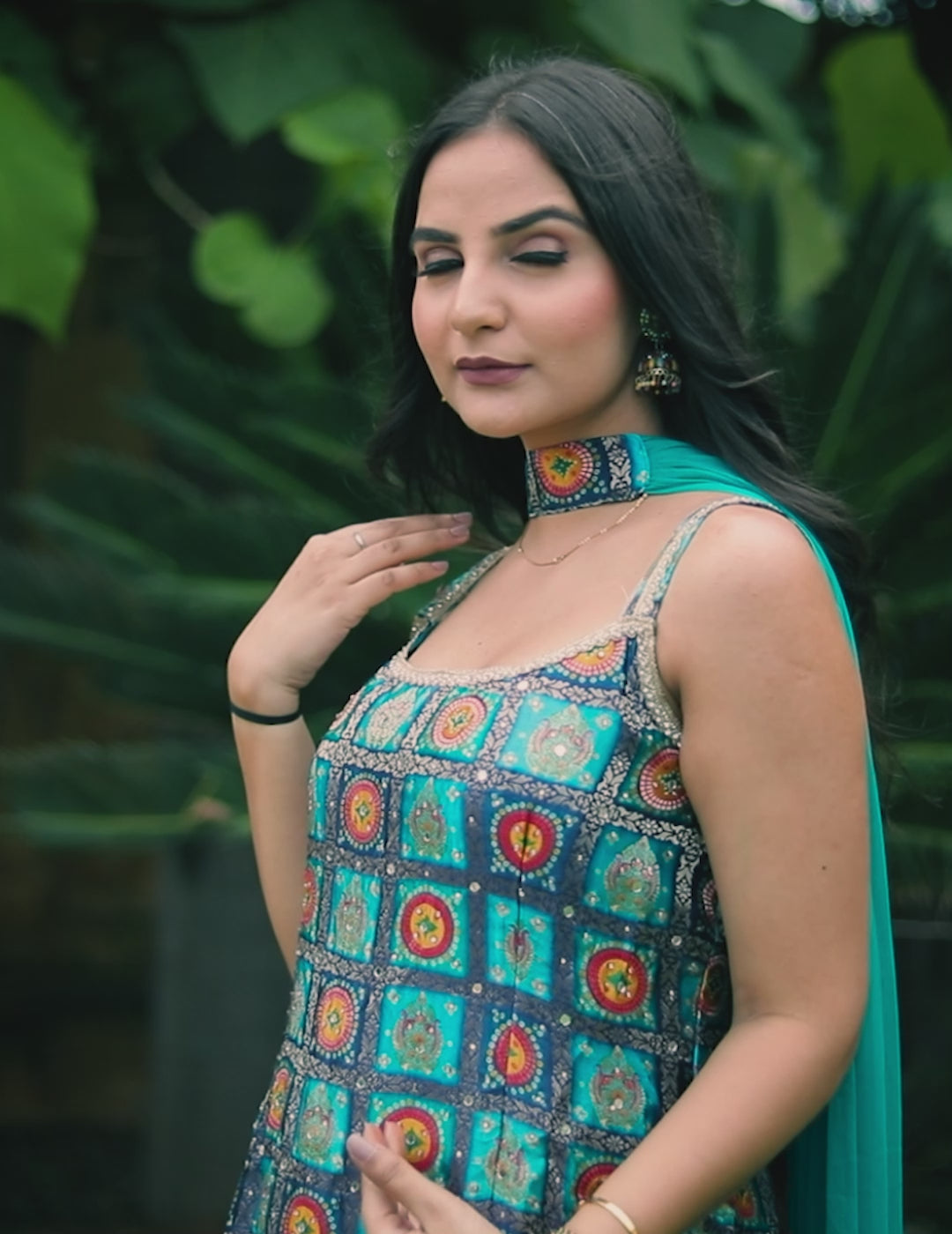 Dark Sky Blue Crepe Silk Top with Position Banarsi Prints, Sharara & Net Choker Dupatta