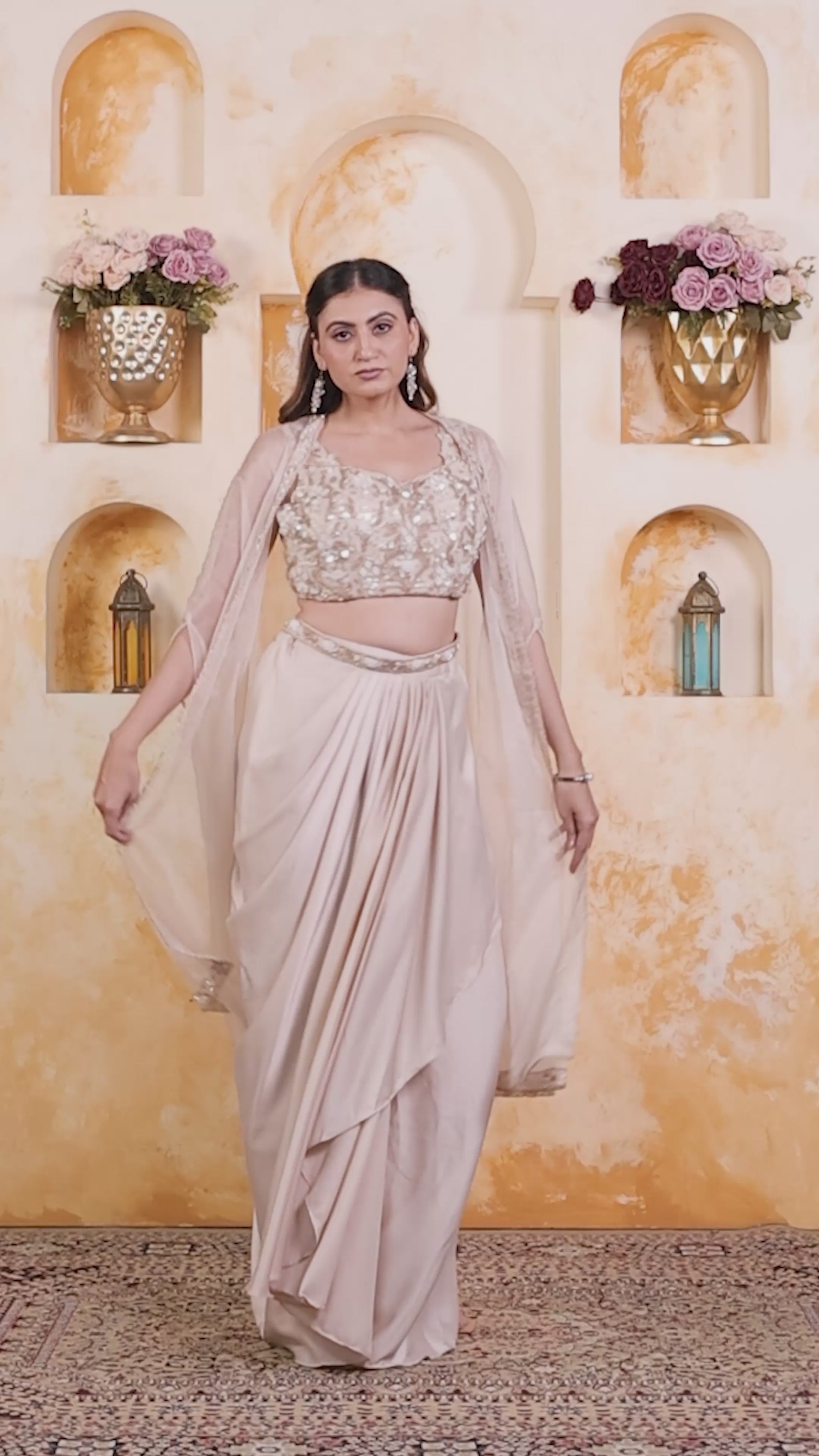Beige Satin Blouse with Full Handwork, Beige Satin Dhoti & Shrug