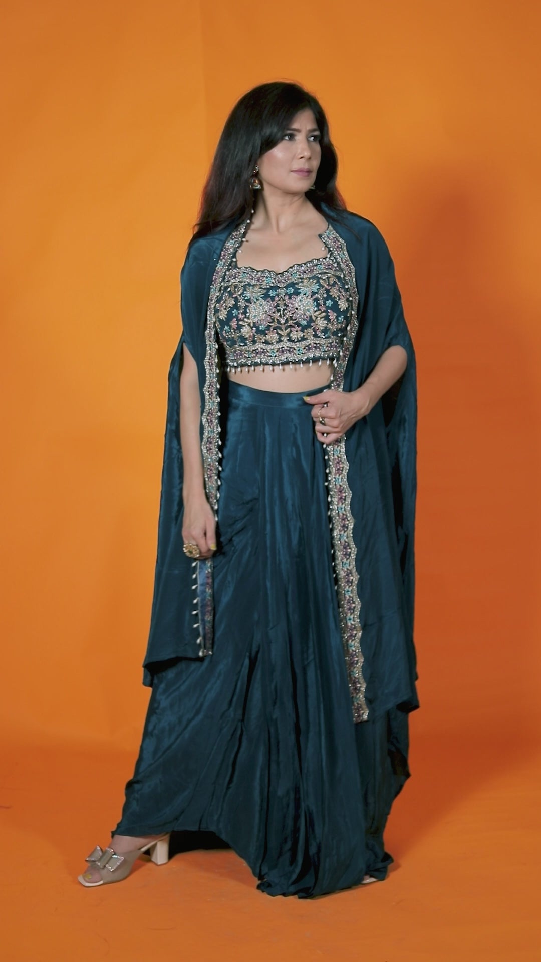 Dark Teal Blue Crepe Silk Blouse with Zari Handwork, Dhoti & Shrug