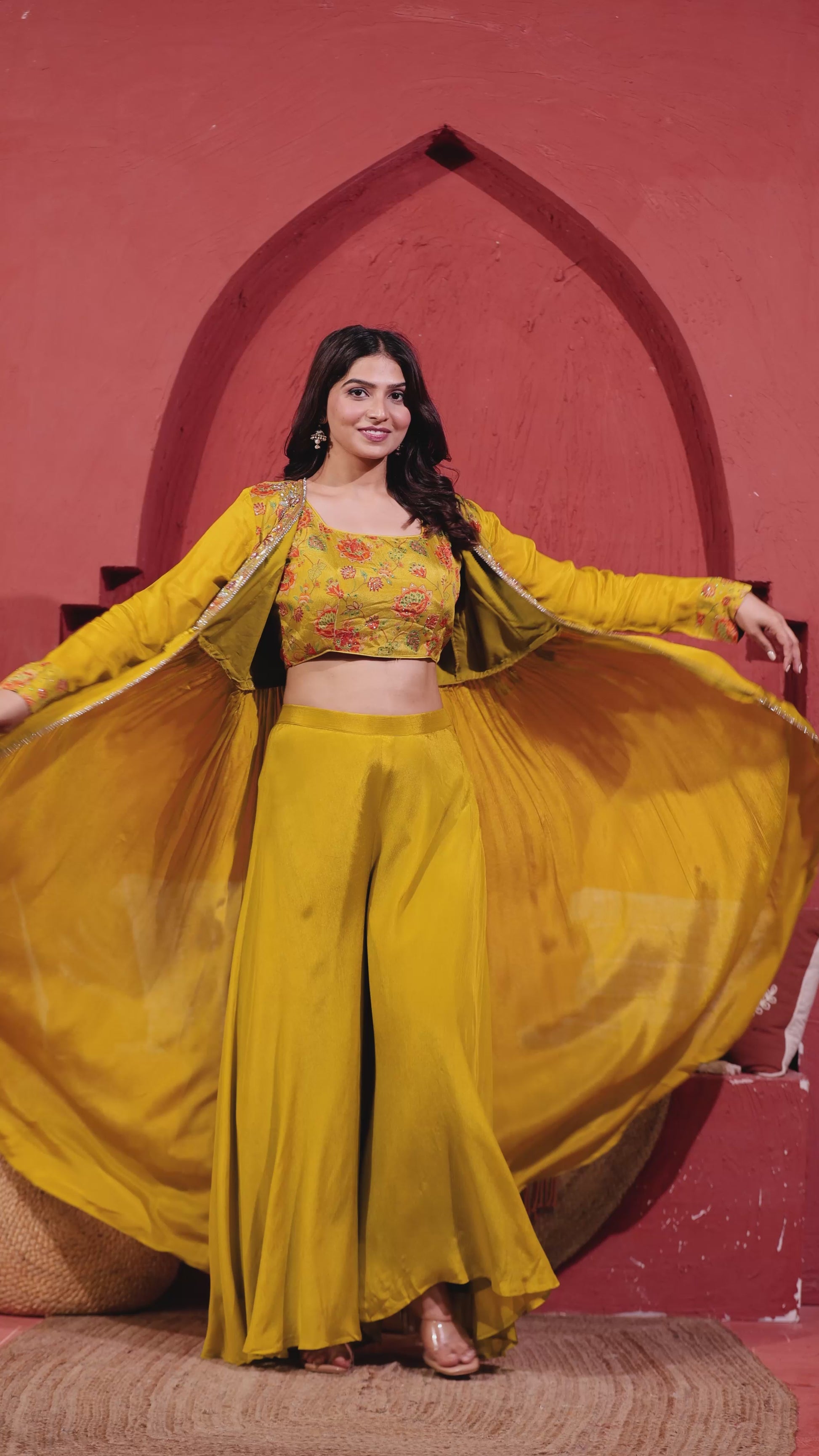 Mehendi Green Chinon Silk Printed Blouse, Sharara & Handwork Shrug