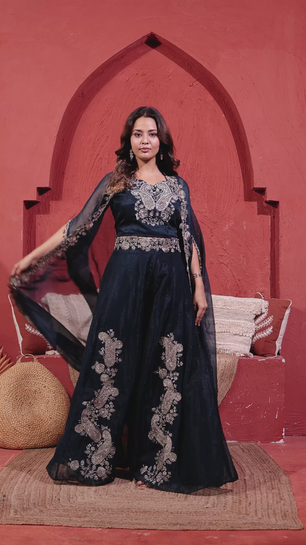 Dark Teal Blue Lurex Chiffon blouse with Patch Handwork, Sharara & Shrug