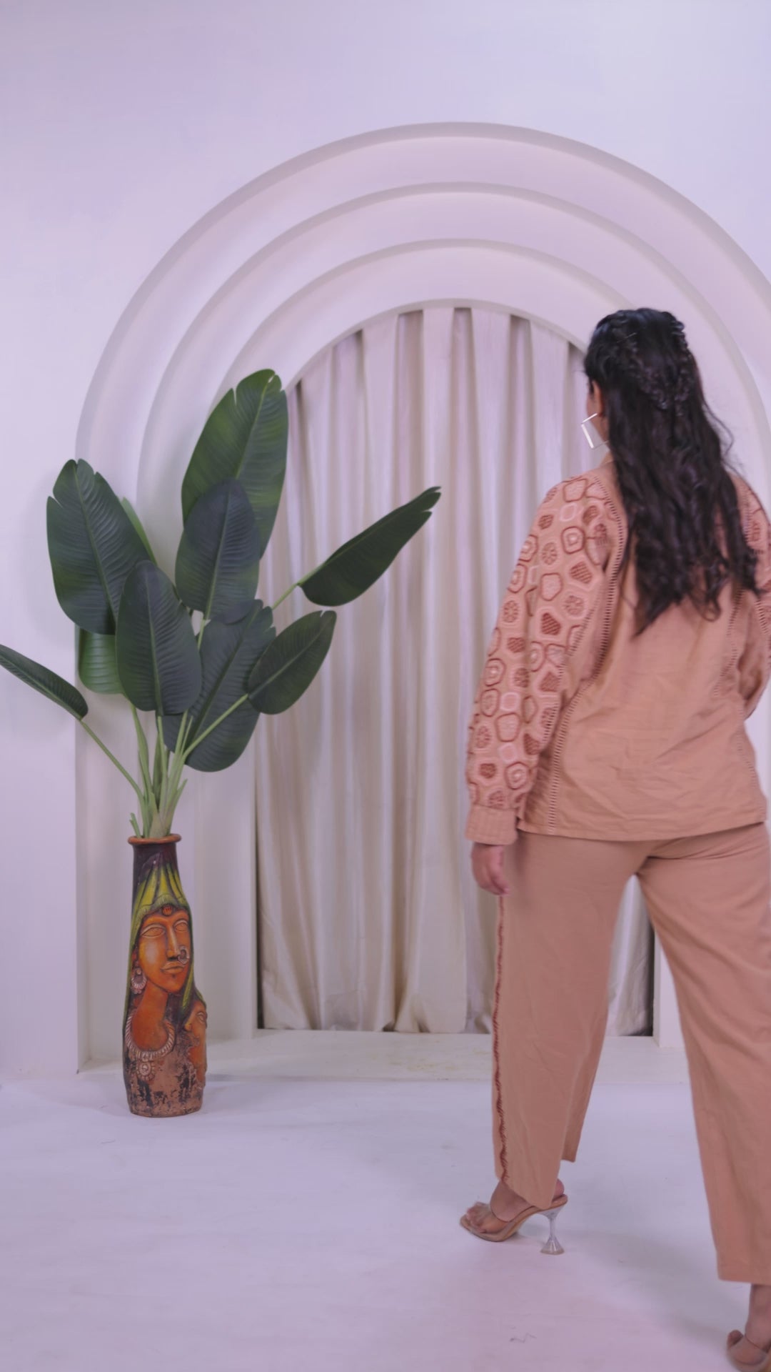 Light Brown Jute Cotton Top with Thread Embroidery & Pant