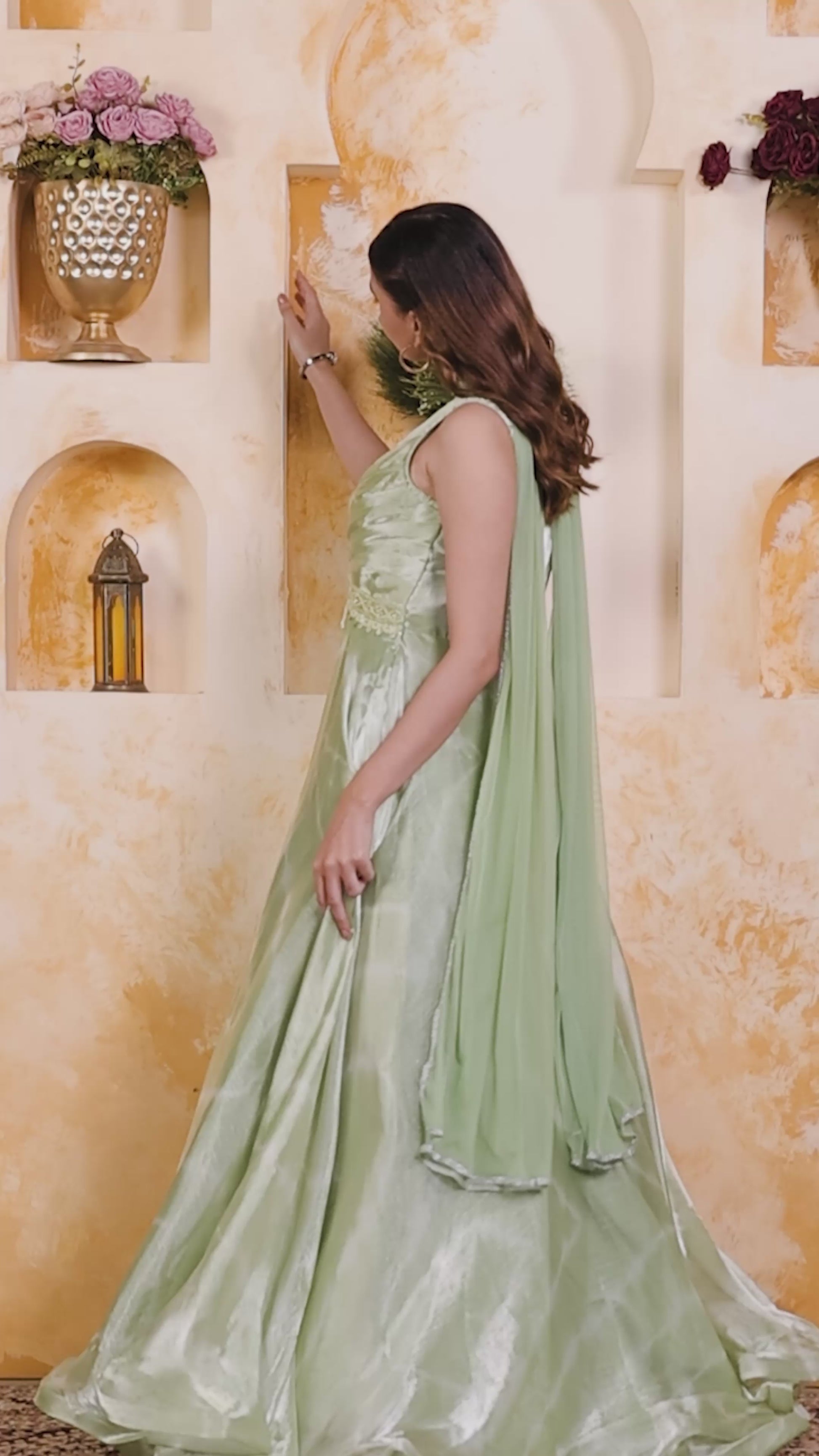 Mint Green Jimmy Choo Gown with Stylish Handwork & Net Dupatta
