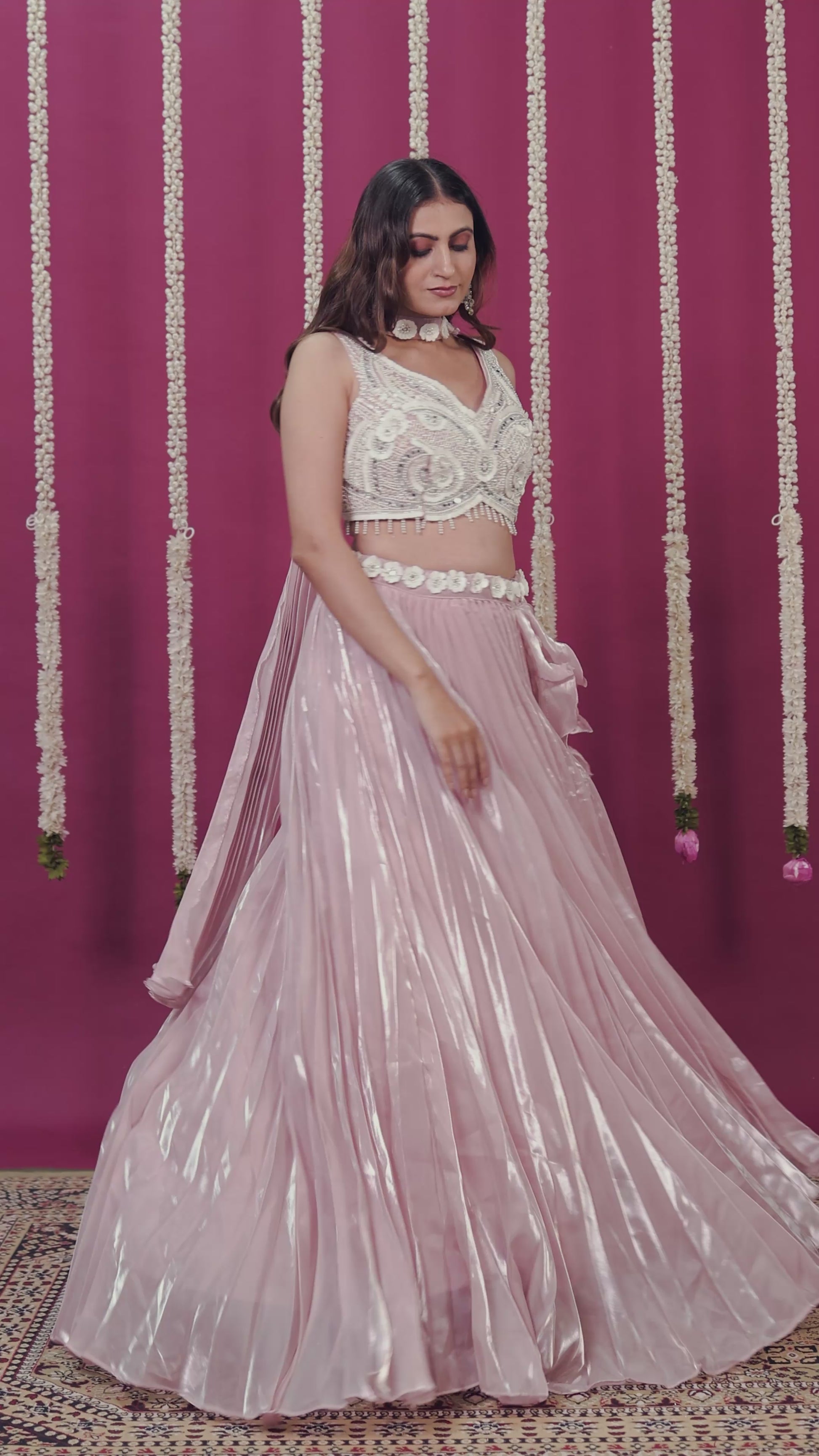 Baby Pink Burberry Net Lehenga with Pearl & CP Handwork Blouse & Attached Dupatta