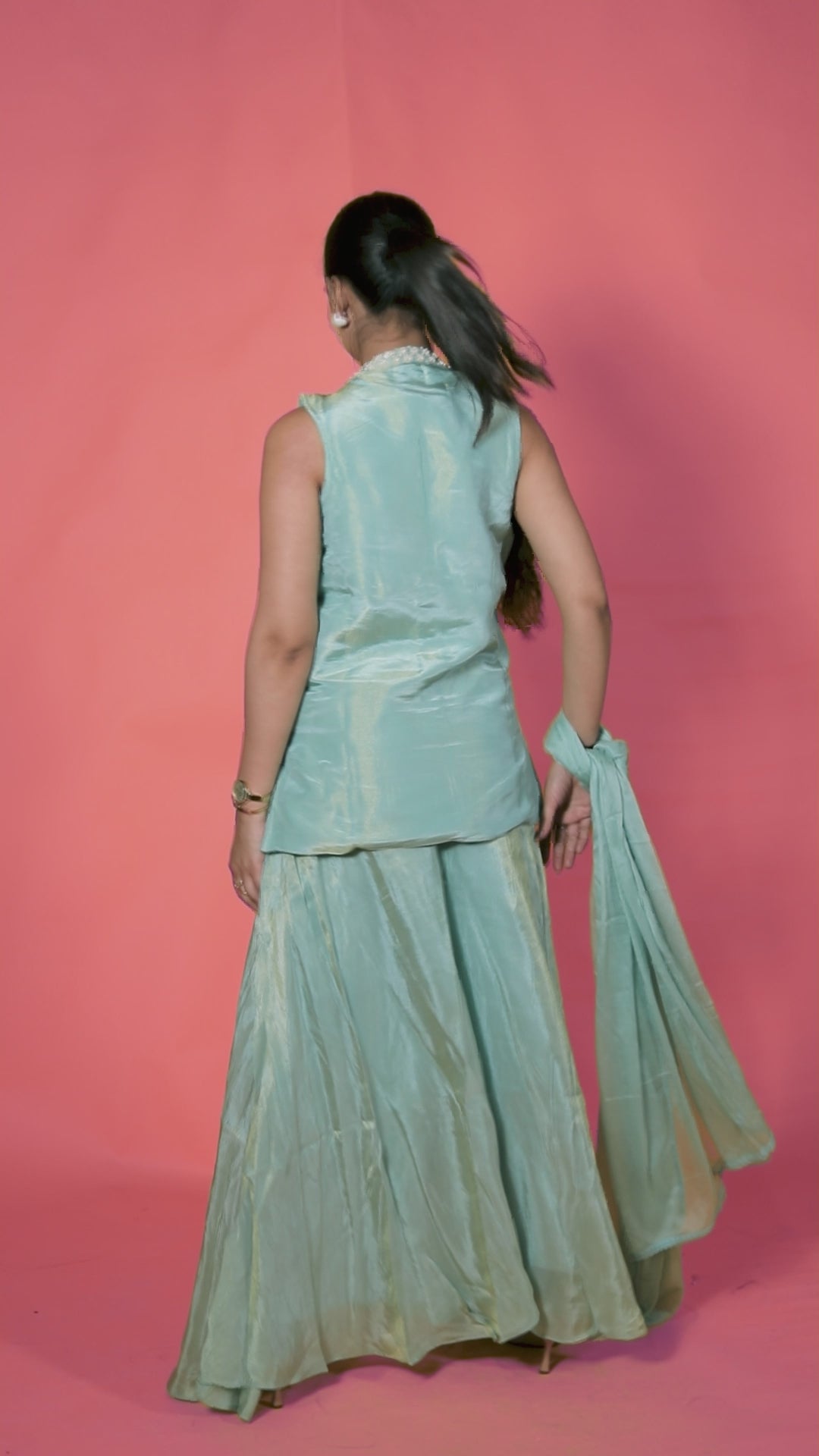 Sky Blue Mosh Silk Jacket with Thread & Stone Work, Palazzo & Dupatta