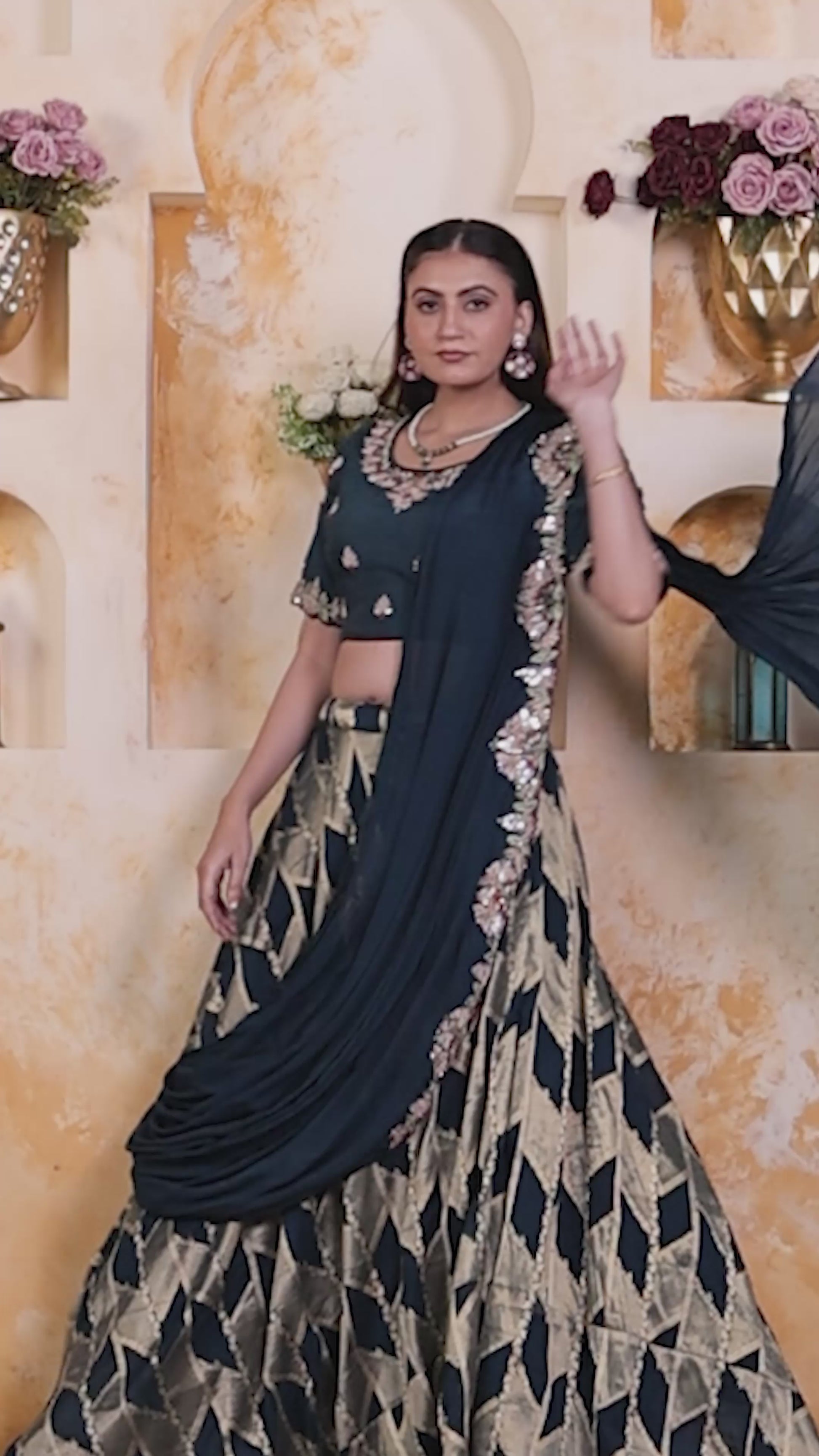 Diesel Blue Silk Banarasi Lehenga with Gotta Patti Handwork Blouse, Saree-Style Pallu