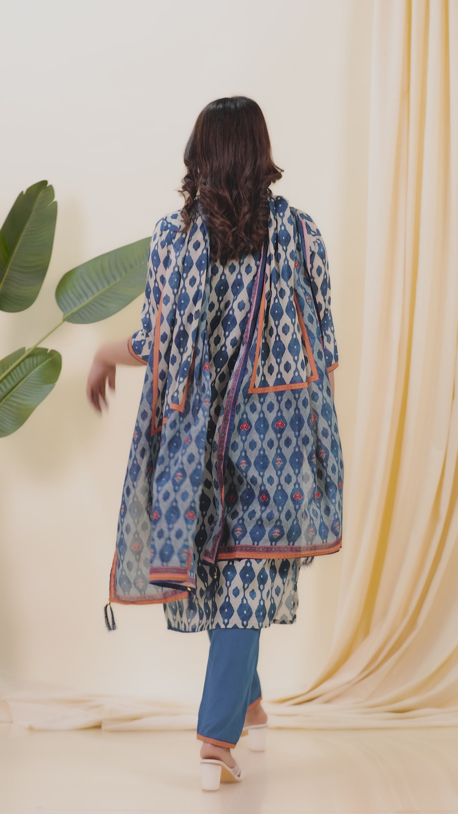 Light Grey & Diesel Blue Cotton Printed Suit with Sequin & Thread Work, Bottom & Dupatta