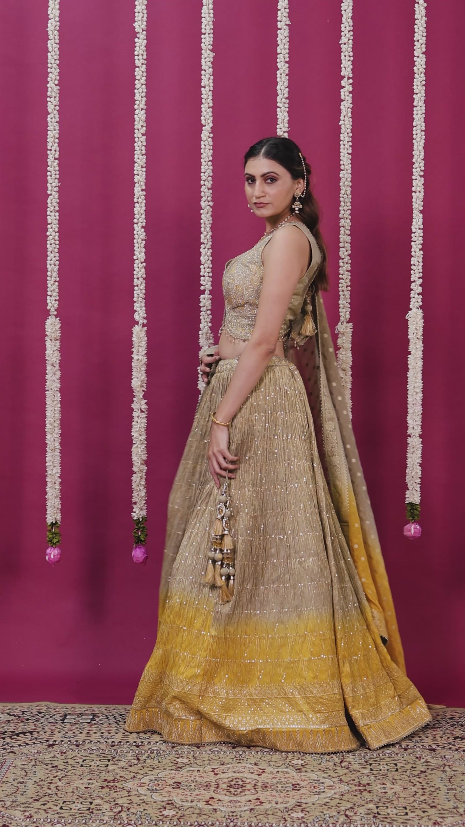 Golden Brown & Yellow Mosh Silk Lehenga with Zari Work with Blouse & Dupatta