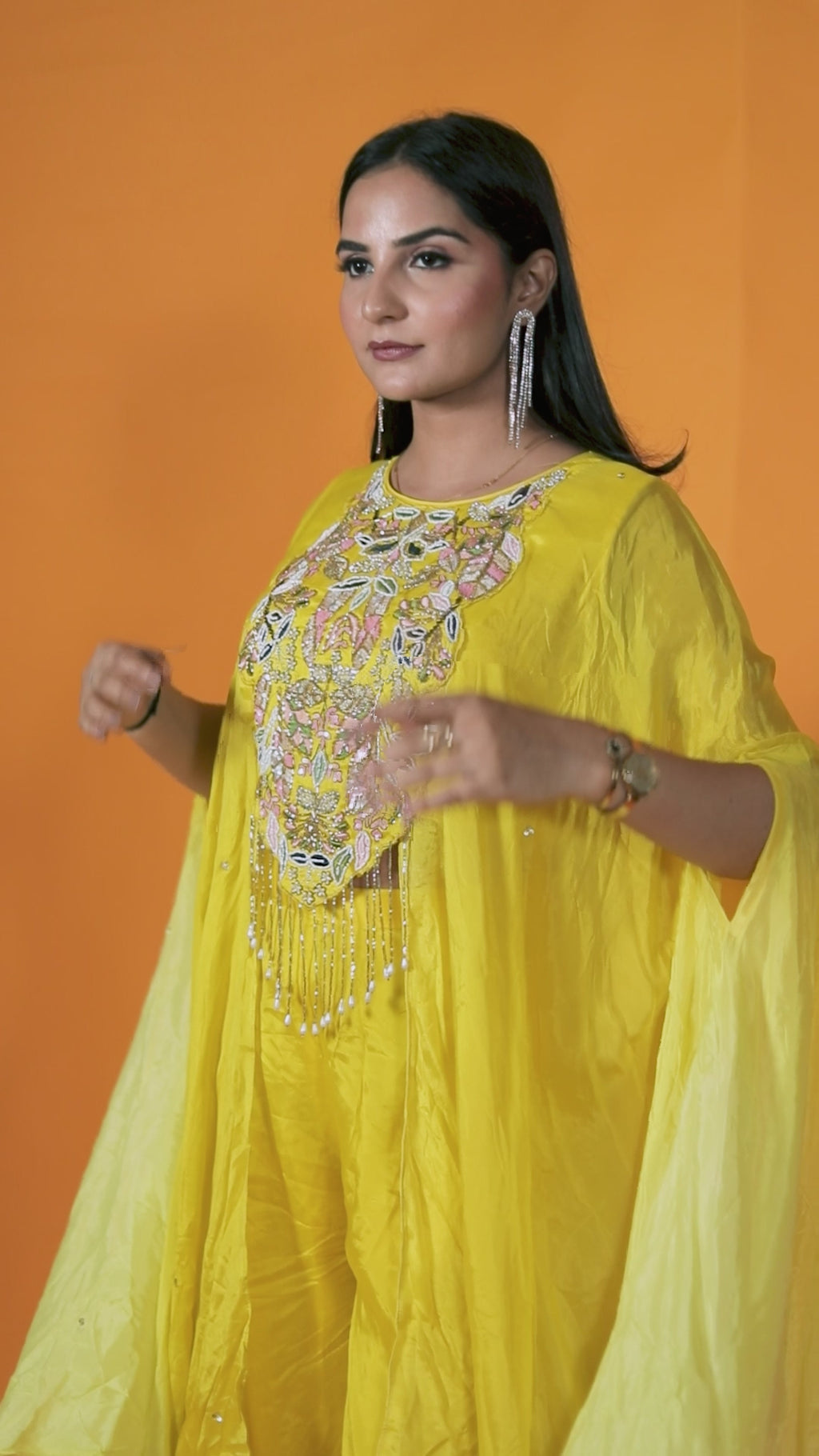 Yellow Crepe Silk Kaftan with Handwork and Sharara