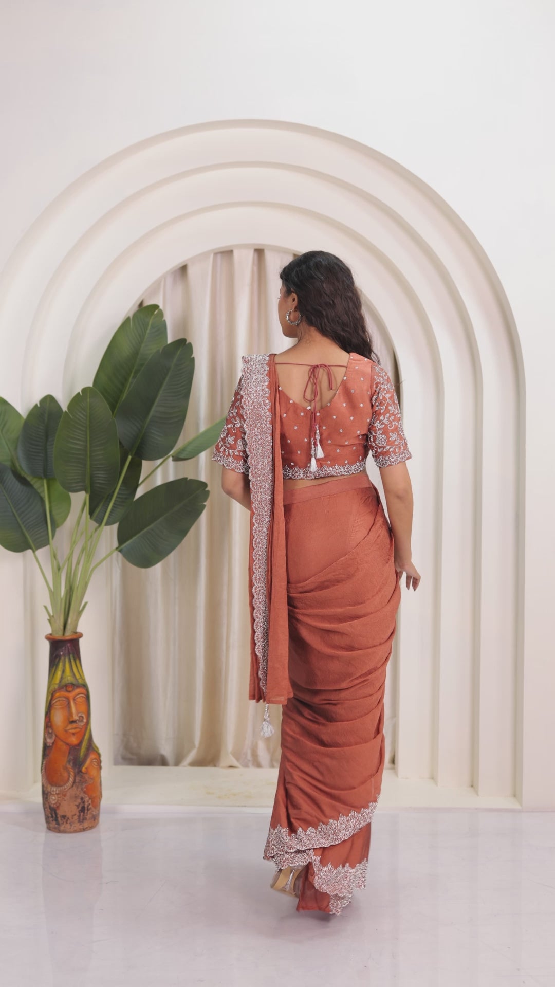 Rust Mosh Crush Draped Saree with Jarkan Work & Matching Blouse