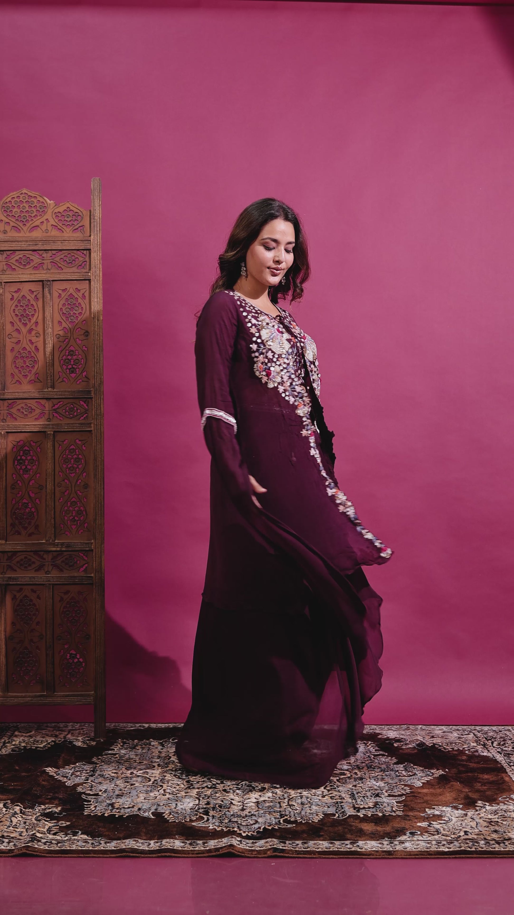 Wine Chinon Blouse with Handwork, Dhoti & Shrug