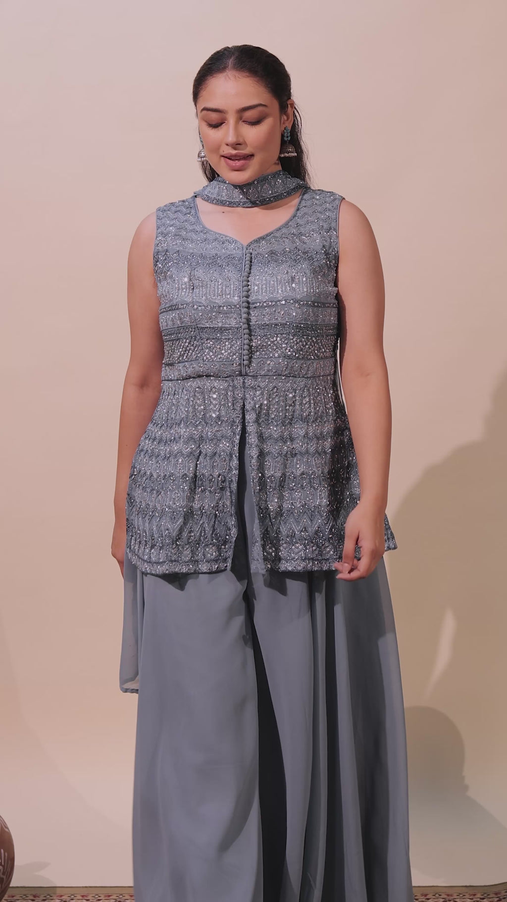 Grey Georgette Peplum Top with Zari Work, Sharara & Choker Style Dupatta