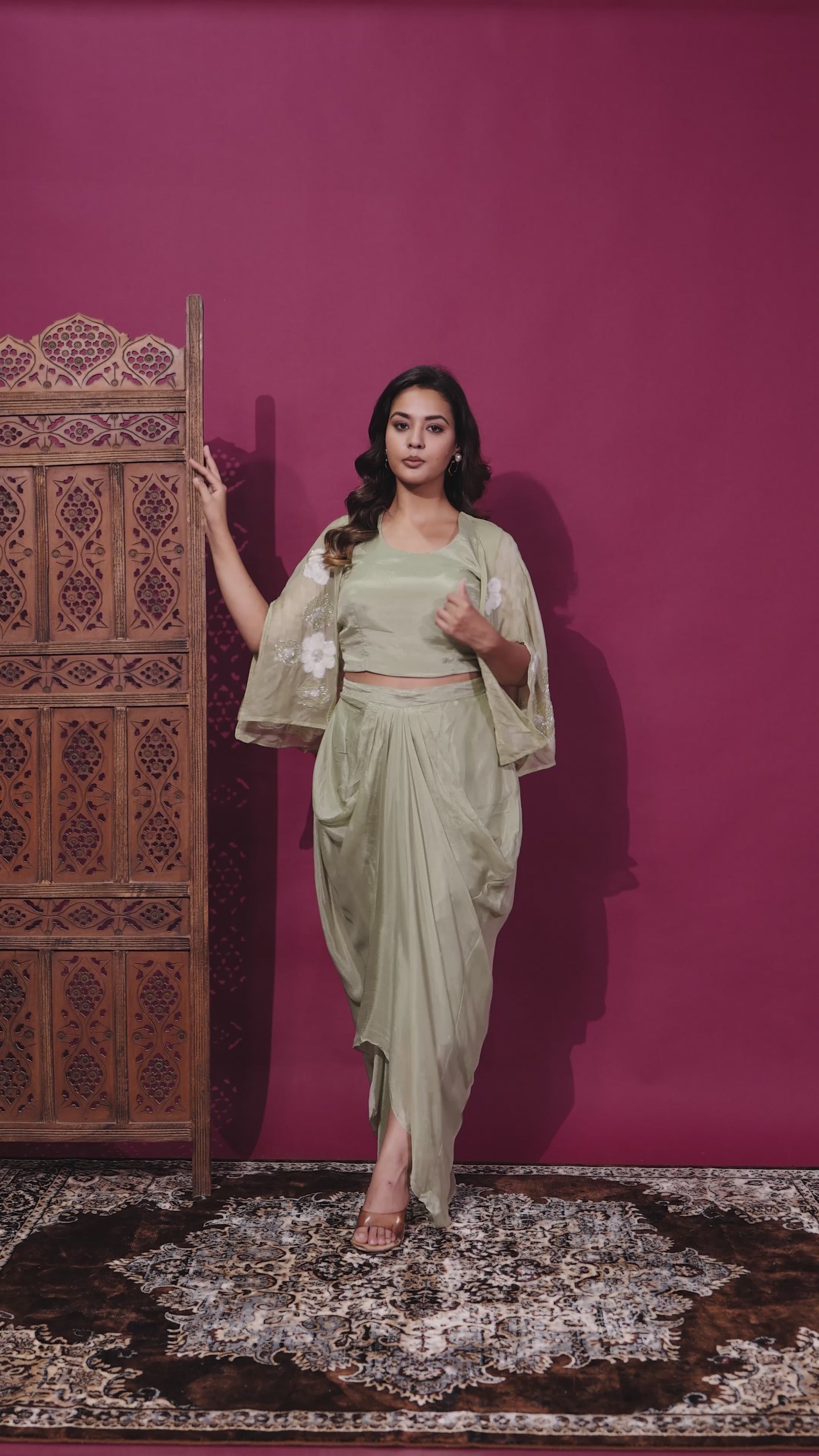 Pista Green Chinon Silk Dhoti Set with Handwork Blouse & Shrug