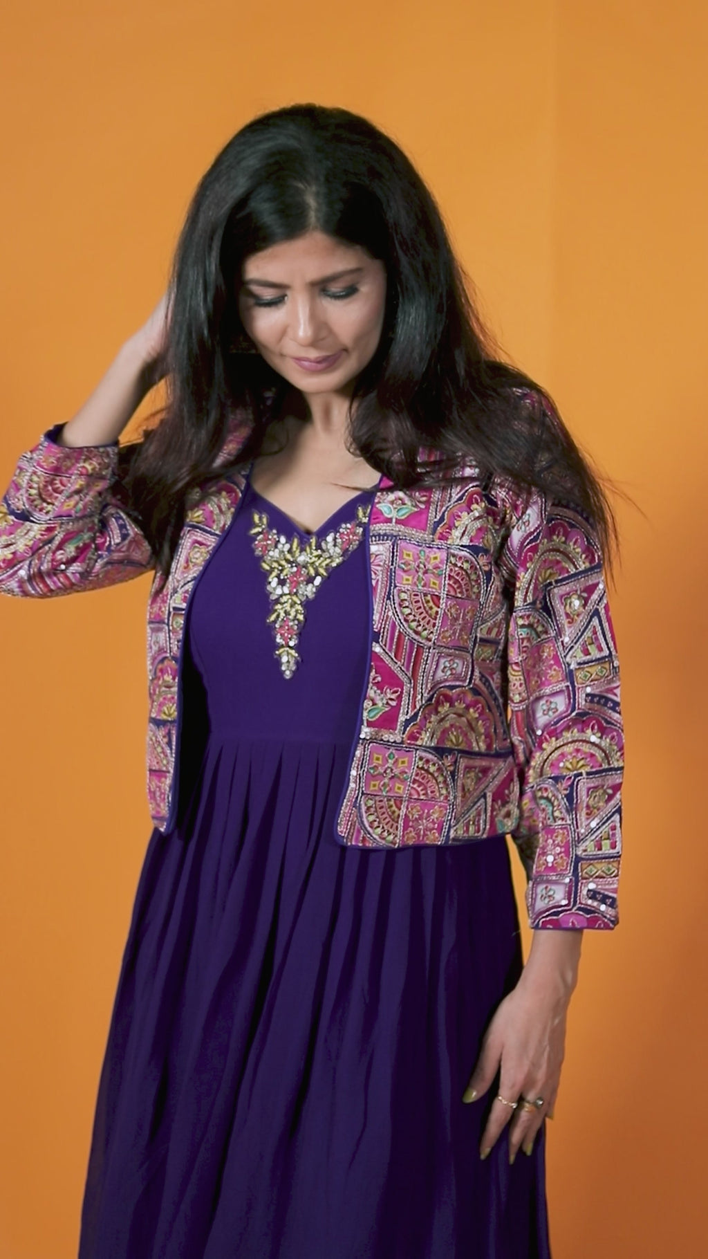 Purple Georgette with Handwork, Position Printed Jacket & Gown