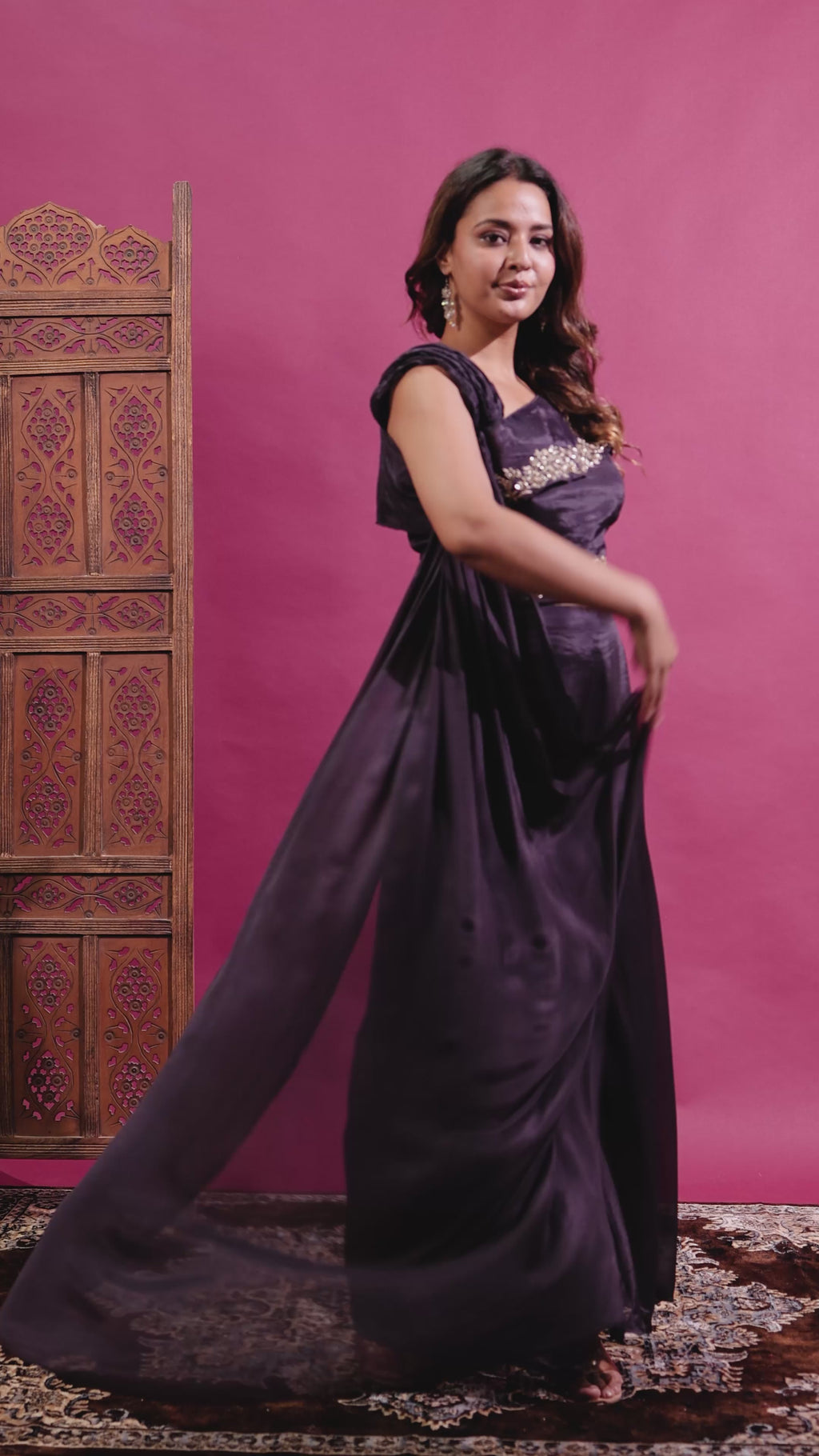 Dried Purple Chinon Silk Top with Sequin Handwork, Attached Dupatta & Palazzo