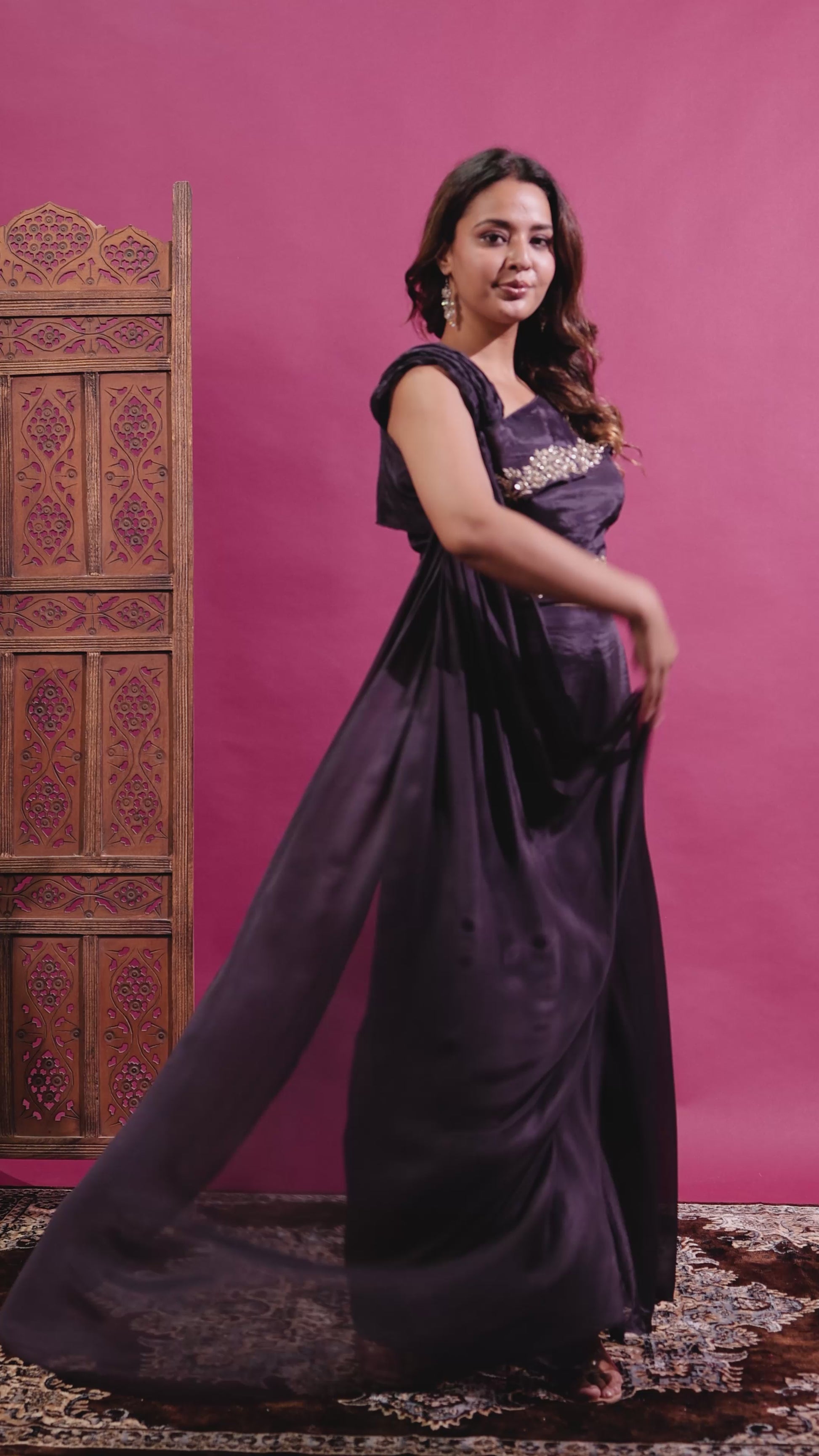 Dried Purple Chinon Silk Top with Sequin Handwork, Attached Dupatta & Palazzo