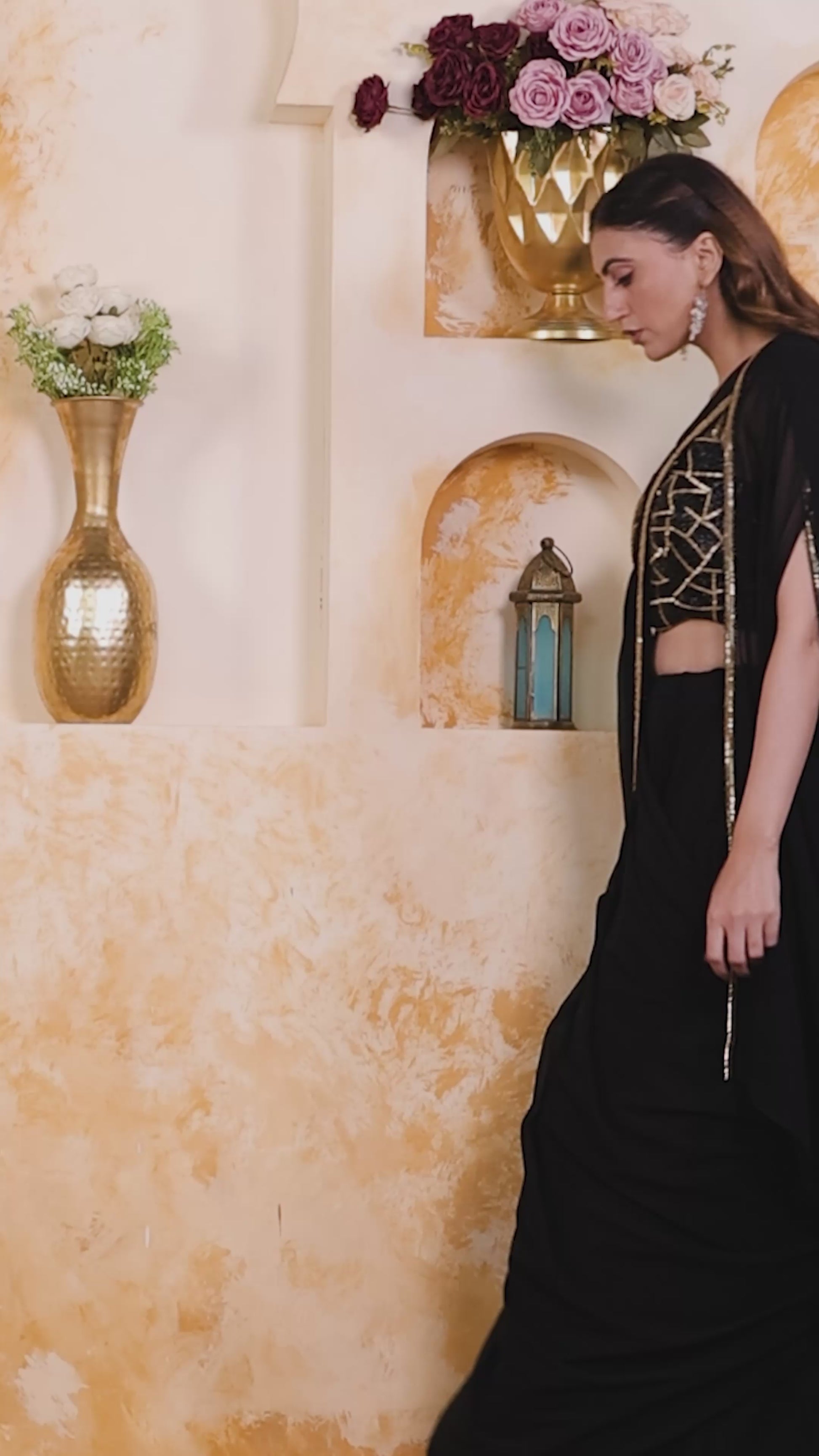 Black Georgette Drape Saree with Belt, Piping Work Blouse & Shrug