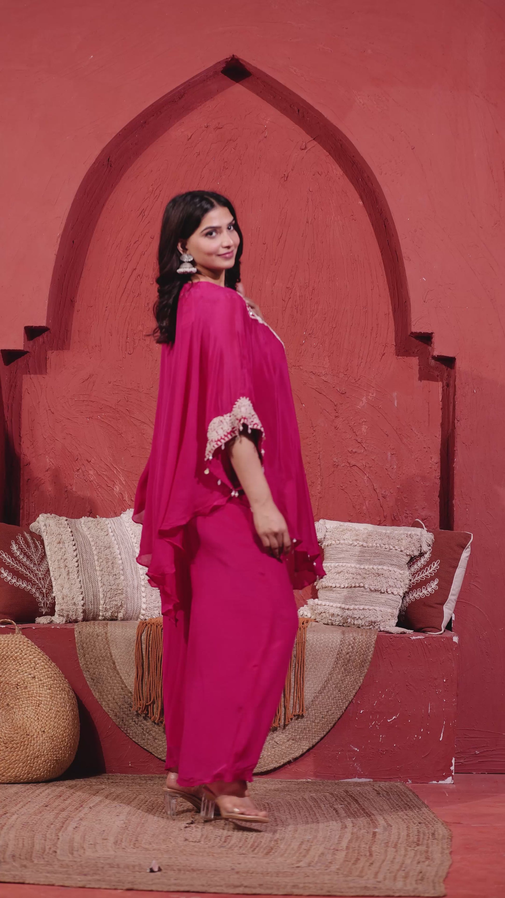 Rani Pink Chinon Silk Kaftan with Thread Embroidery, Blouse & Palazzo