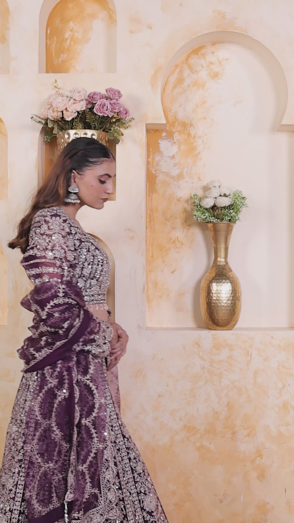 Wine Net Blouse with Full Zari, Mirror & Stone Work, Lehenga & Dupatta