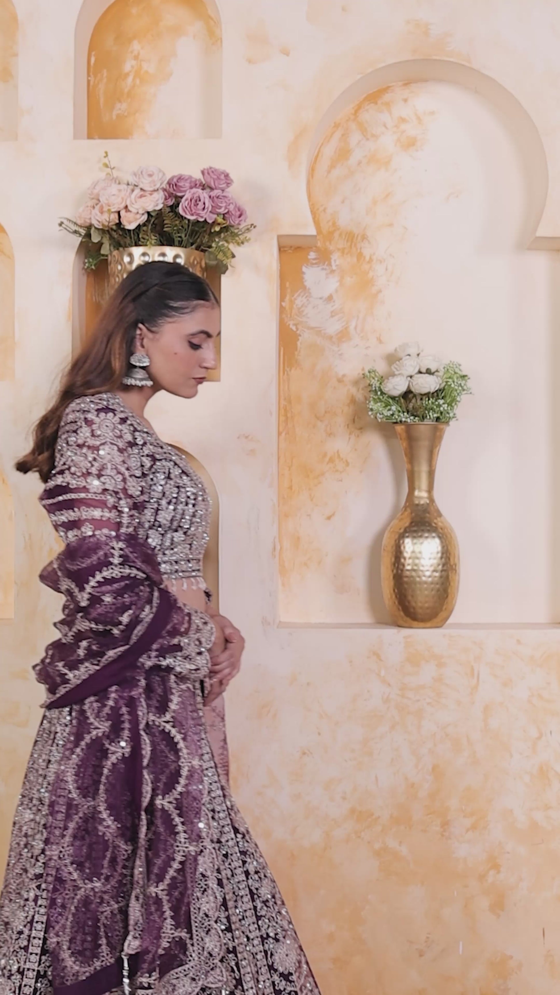 Wine Net Blouse with Full Zari, Mirror & Stone Work, Lehenga & Dupatta